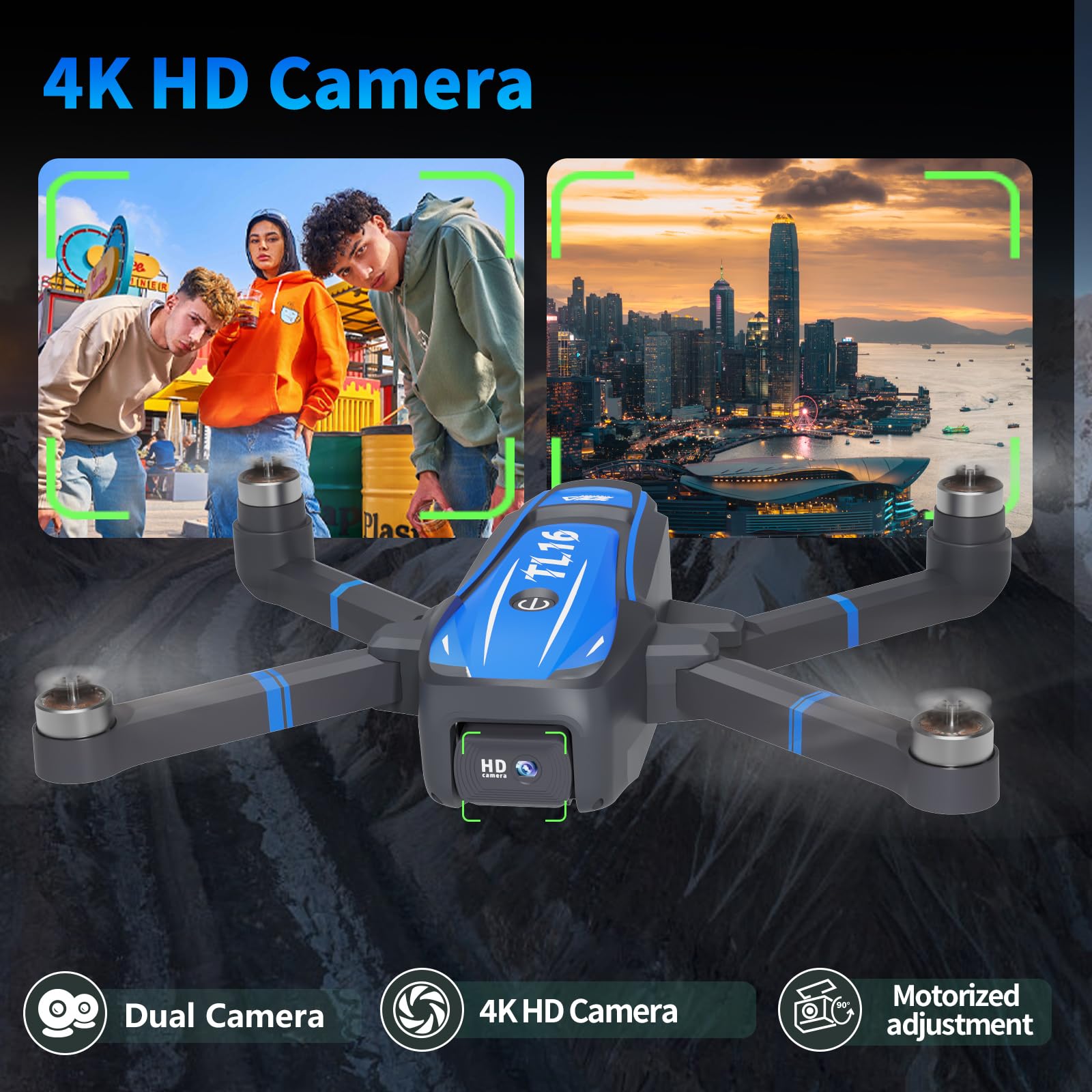 Toladrone TL16 Drone con Telecamera 4K per Adulti, Posizionamento Ottico del Flusso Motore Senza Spazzole Controllo Gestuale Droni per Principianti Quadcopter RC Pieghevole, Blu