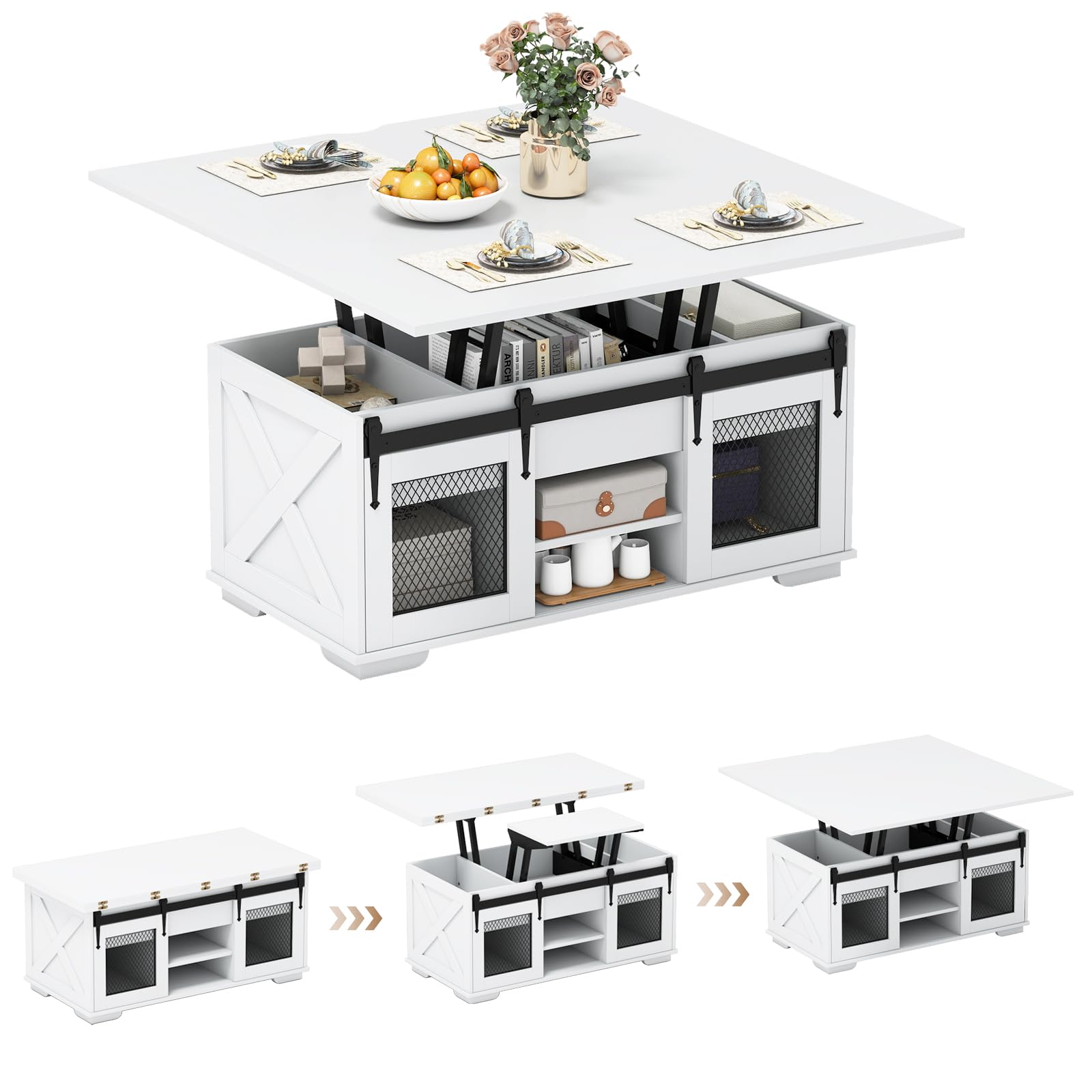 COSTWAY Lift Up Top Coffee Table, 3-in-1 Convertible Wooden Cocktail Center Table with 2 Sliding Barn Doors, Open Shelves & Hidden Compartments, Rectangle Accent Sofa Side Dining Table (White)