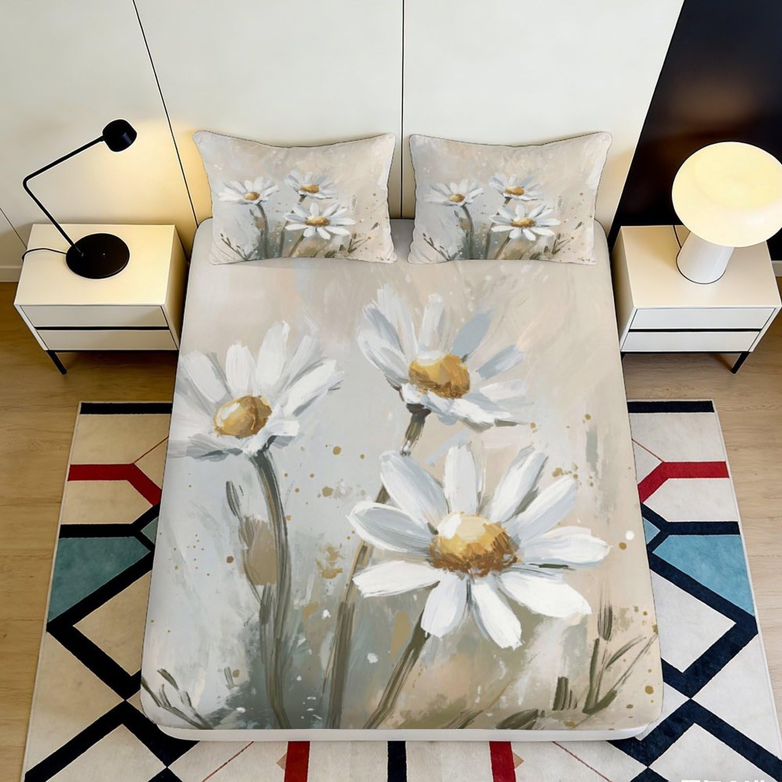3D Printed Daisy Flower Fitted Sheet Microfiber Soft Breathable Meadow Mattress Cover for Bedroom Guest Room Decor 90x200x25cm