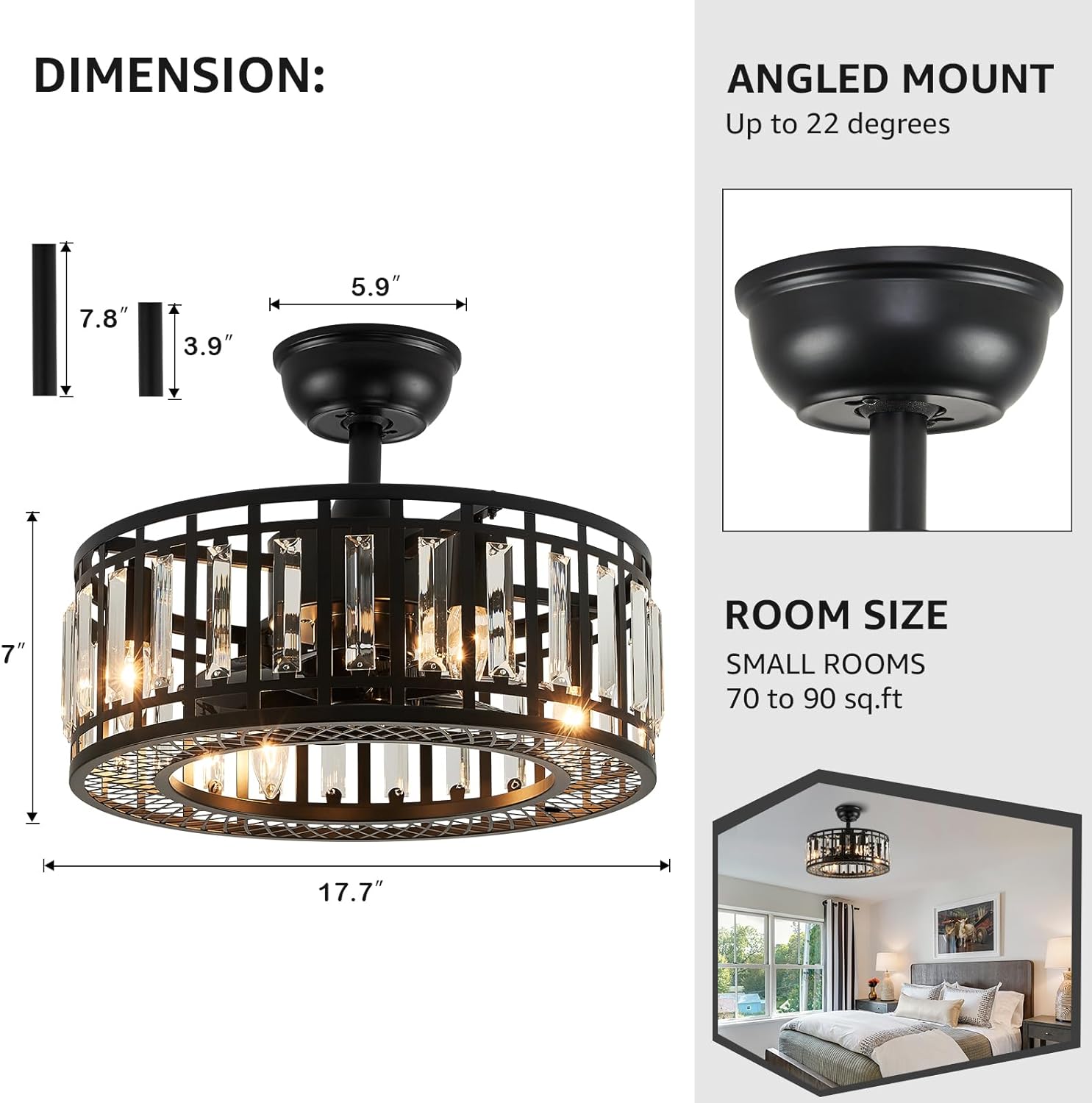 18" Black Crystal Caged Ceiling Fan with Light and Remote, Industrial Caged Chandelier Fan 8-Blade Fandelier Modern Enclosed Ceiling Fan for Kitchen Dining Room Living Room