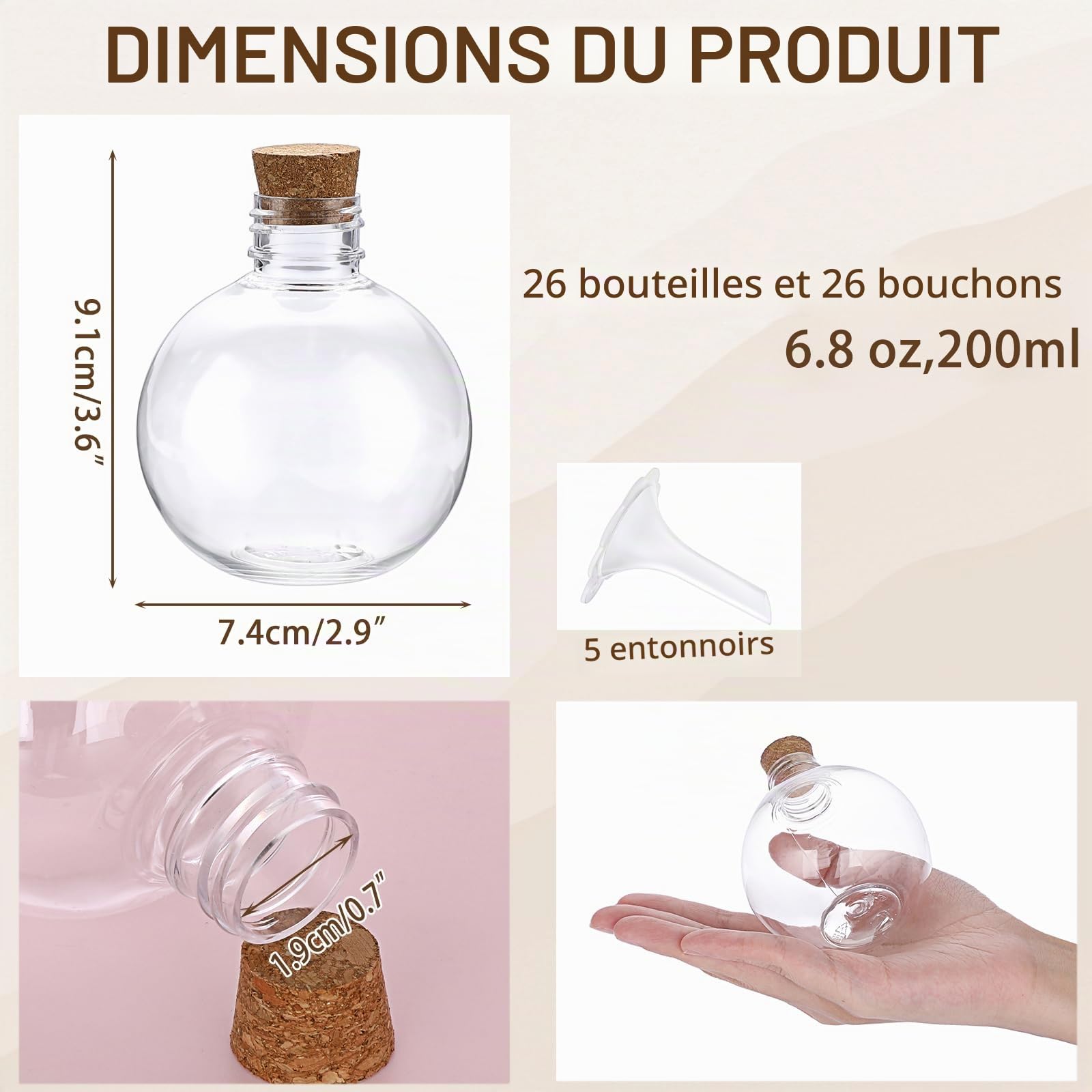 SUMTree Lot de 26 bouteilles de potion en plastique en forme de boule de 200 ml avec bouchon en liège, bouteilles de sable transparent avec 5 mini entonnoirs pour boissons de fête, potion magique,