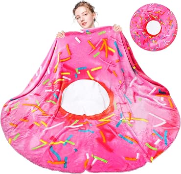 M&C Music Color Donut Blanket Double Sided 60 inch, Giant Tortilla Blanket Adult Size Round Funny Blankets for Adults Teens Kids, Realistic Food Blanket Throw Wrap Blanket 60 inch, Pink Donut