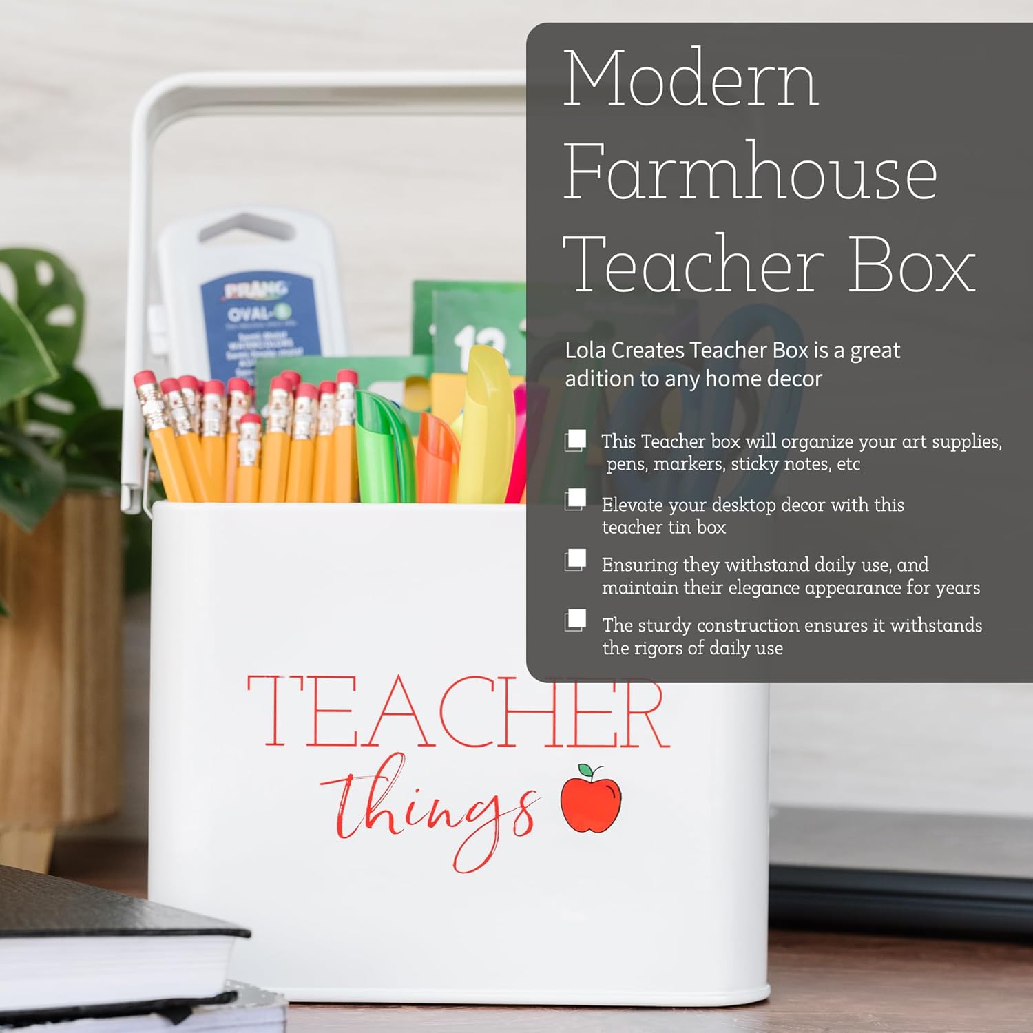 Lola Creates Teacher Things Supply Organizer Box - Art Bin Caddy Storage Container - Art Supply Organizer for Teachers - Pencil Organizer - Desk Marker Organizer