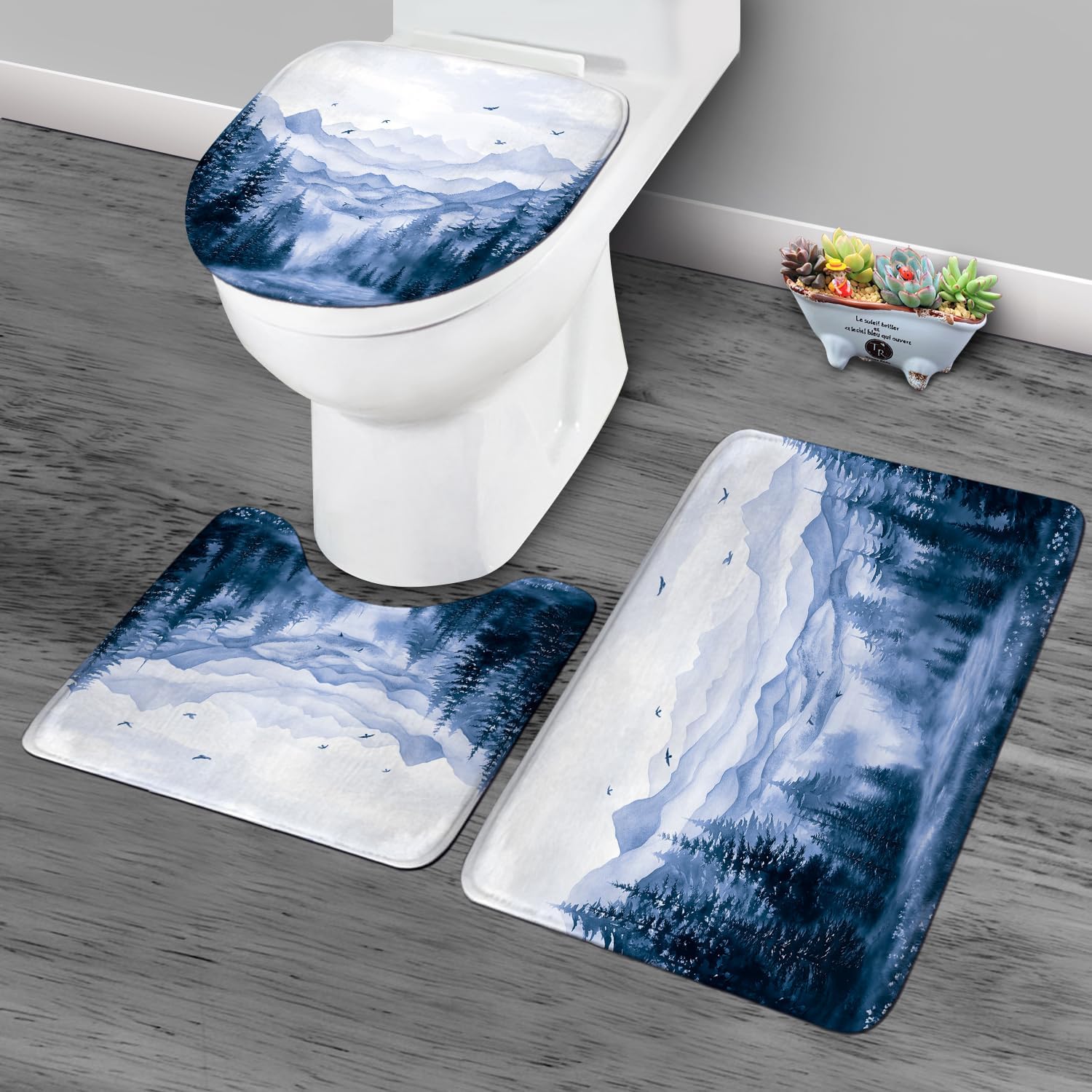 KOMLLEX 4Pcs Blue Mountain Shower Curtain Sets, Bath Mat and Toilet Lid Cover,Rustic Modern Watercolor Woodland Nature Pine Tree Misty Bathroom Decor Set with Rugs and Accessories, 12 Pack Hooks