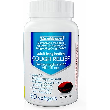 ValuMeds Cough Relief for Adults Dextromethorphan HBr Cold Medicine for Sore Throat 15mg (60 Softgels) 8-Hour, Non-Drowsy, Long-Lasting Bronchial Suppressant