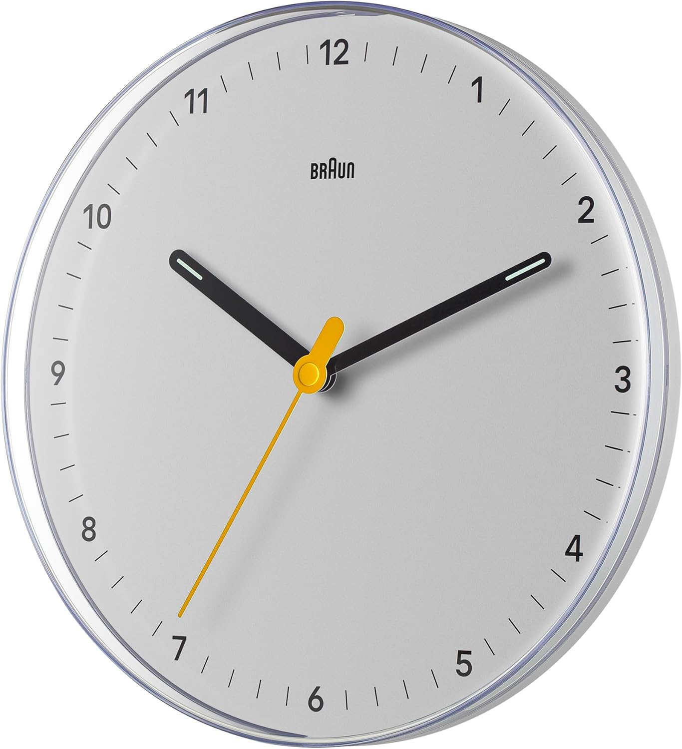 Braun Classic Analogue Wall Clock with Silent Sweeping Quartz Movement, Easy to Read, 23cm Diameter in White, Model BC26W.