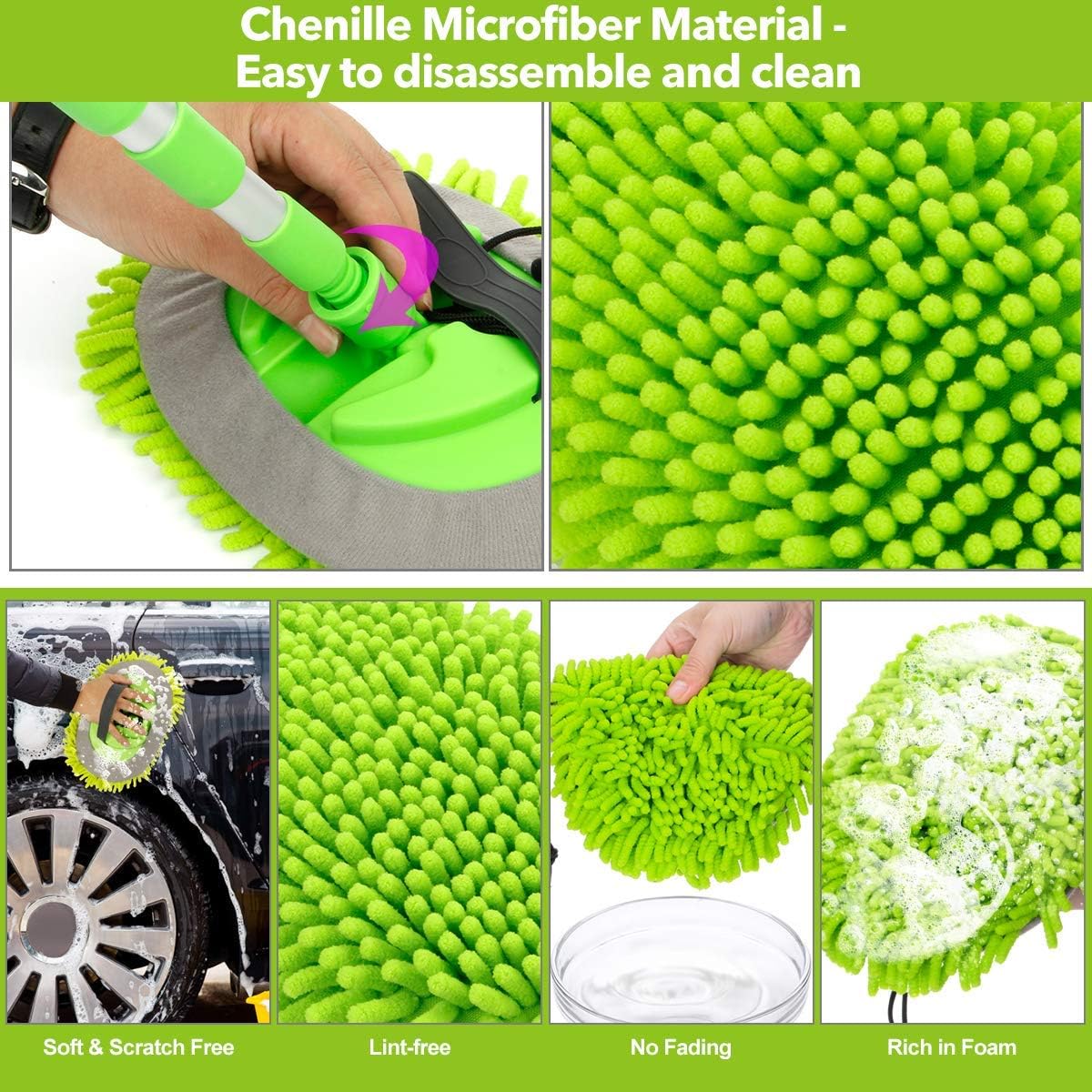 Car Wash Mop Mitt 2-in-1 Chenille Microfiber Auto Dust Brush Windshield Cleaner Tool with Extendable Handle,Not Hurt Paint Scratch Free Car Cleaning Tool with 2 Reusable Microfiber Mop Head (Green)