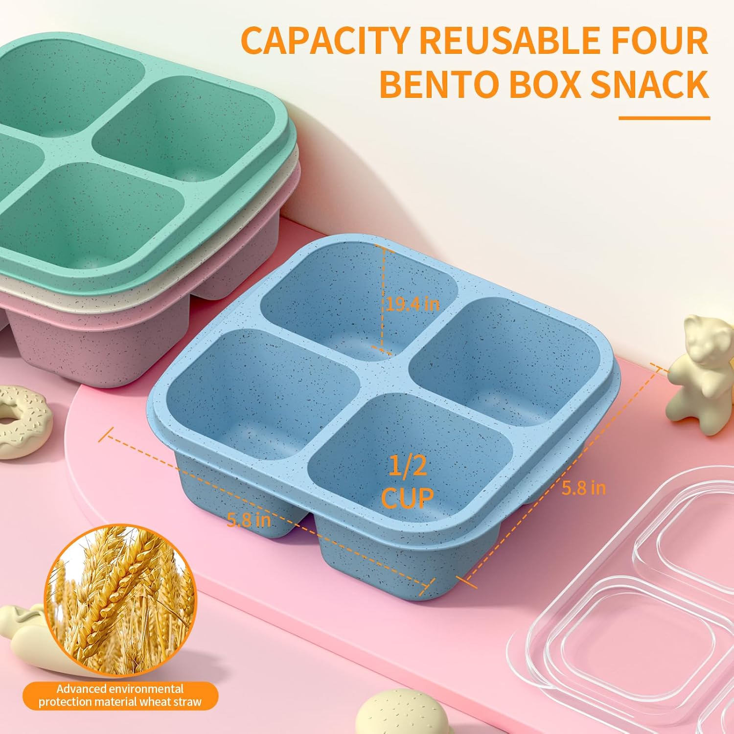 Bento Snack Boxes (4 Pack)- Reusable 4-Compartment Meal Prep Containers for Kids and Adults, Perfect Food Storage School, Compact Stackable (Wheat(Green/Blue/PK/Beige))