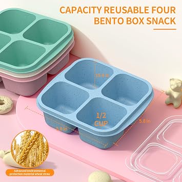 Bento Snack Boxes (4 Pack)- Reusable 4-Compartment Meal Prep Containers for Kids and Adults, Perfect Food Storage School, Compact Stackable (Wheat(Green/Blue/PK/Beige))