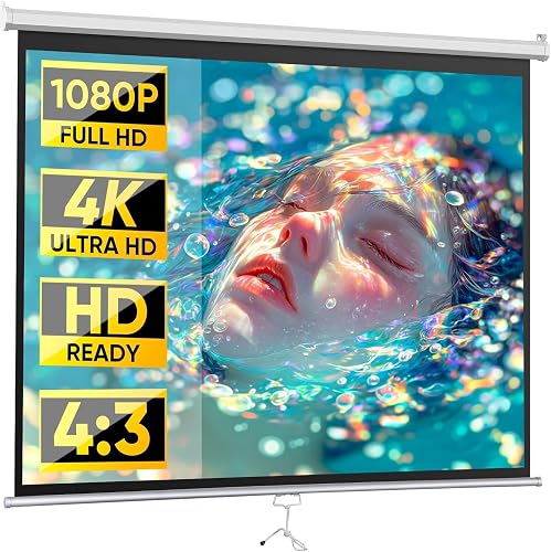 ZENY Portable Projector Screen Pull Down, 72 Inch 4:3 Video Projection Screen Home Theater, Retractable Projector Screen White, Indoor Outdoor Moive Screen, Wall/Ceiling Mount (72'' 4:3)