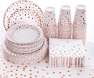 201 PCS Disposable Plates Rose Gold Party Supplies, Polka Dots Paper Plates, include 50 Dinner Plates,50 Dessert Plates,50 Napkins 50 Cups, 1 Plastic Tablecloth,for Baby Shower Wedding Birthday