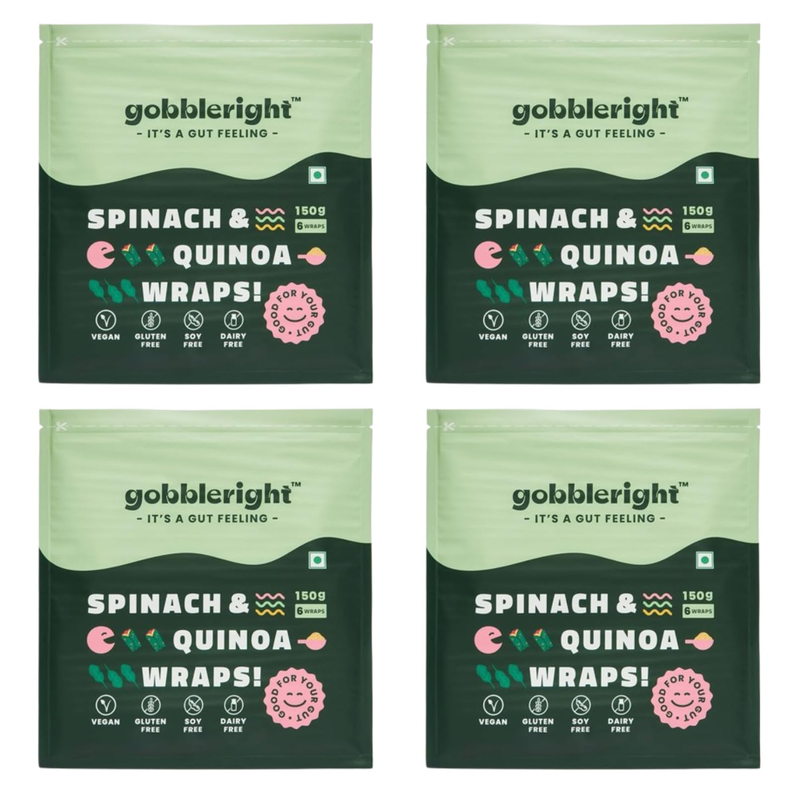 GOBBLERIGHT Spinach & Quinoa Wraps 150g (6 Wraps - Pack of 4) – Low-Calorie, High-Protein, Low GI, Iron & Calcium-Rich, Fibre-Packed, Vegan & Gut-Friendly