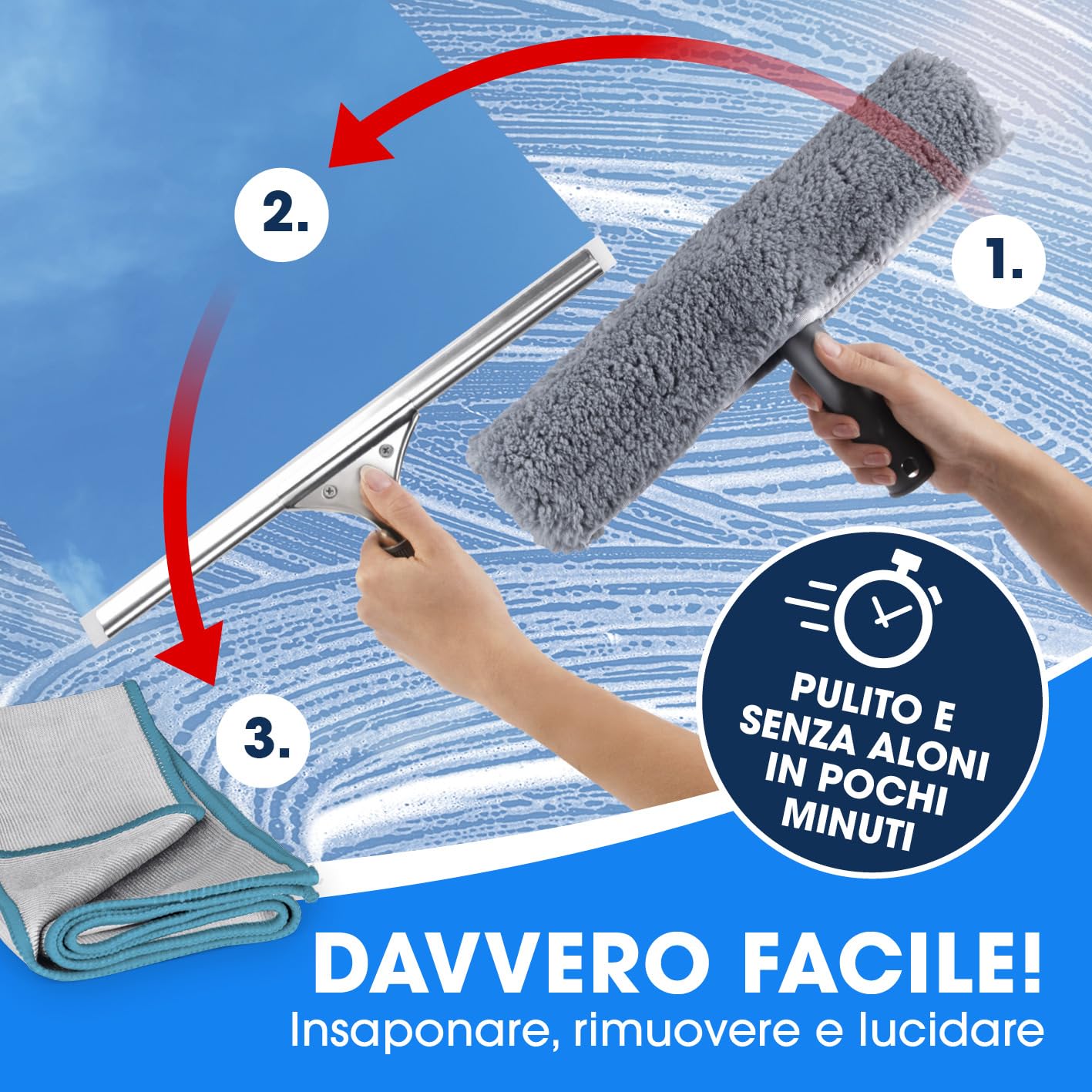 CLEANmaxx Set de Nettoyage Simple et Efficace pour des vitres de la Maison | Comprend Une raclette, Une Brosse, Un nettoyant, Un Chiffon, Un Seau et 2 Fixations pour la Brosse et la raclette [Bleu]