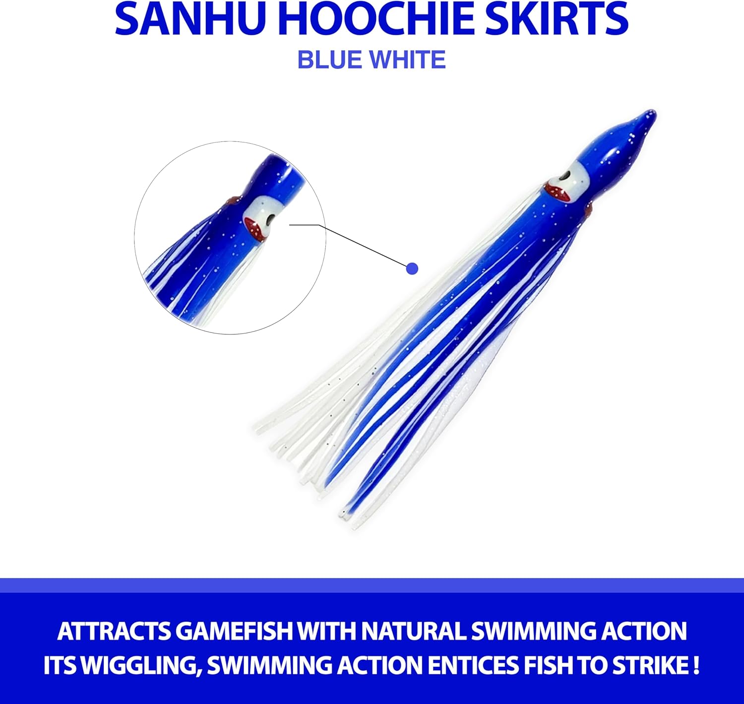 4.75" Trolling Squid Skirts, 40 Pcs Blue/White Hoochie Bait Lures, for Saltwater Big Game Fishing, Includes Soft Plastic Bodies, Ideal for Salmon, Tuna, Mahi & Offshore Trolling