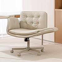 AMSEATEC Criss Cross Chair with Adjustable Armrests & Wheels - PU Leather Swivel Office Vanity Chair for Cross-Legged Comfort (Cream)