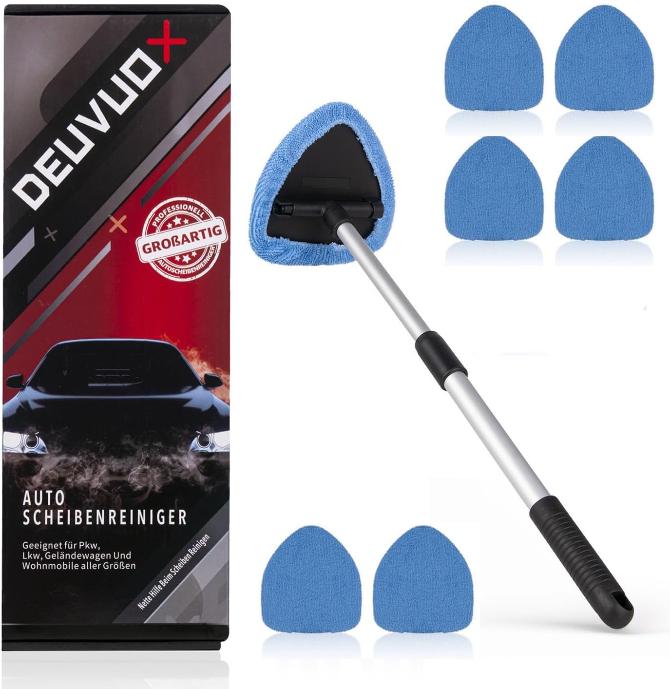 deuvuo Upgraded Windshield Cleaning Tool, Expandable Car Window Cleaner with 6 Reusable Microfiber Pads, 2 Spray Bottles, Multifunctional Auto Windshield Glass Cleaner Tool Set