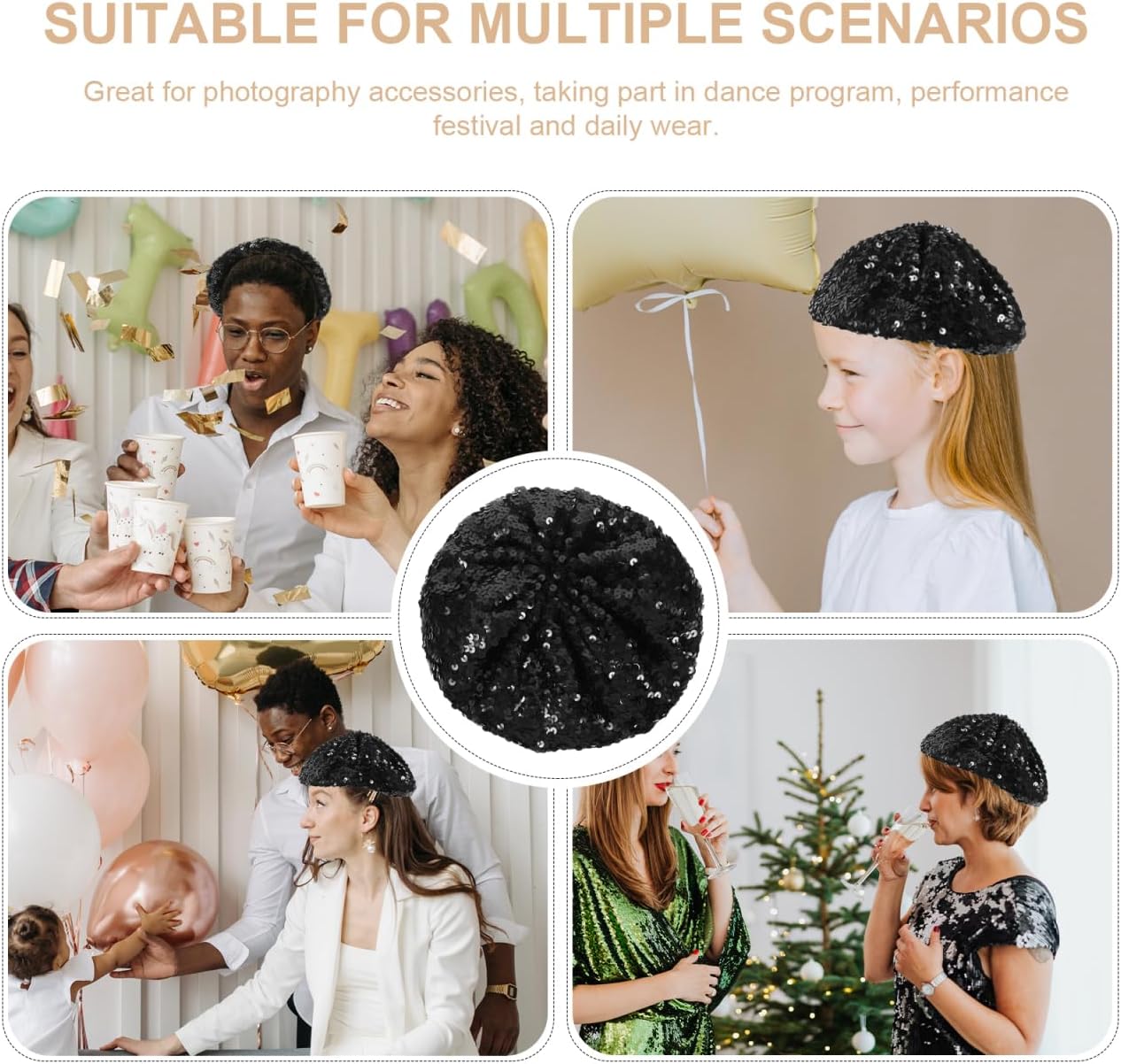 TENDYCOCO Women Sequin Beret Hat Lightweight Fashion Beanie for Dance Party Costume Accessory Sparkling Black 8.66 Inch Diameter