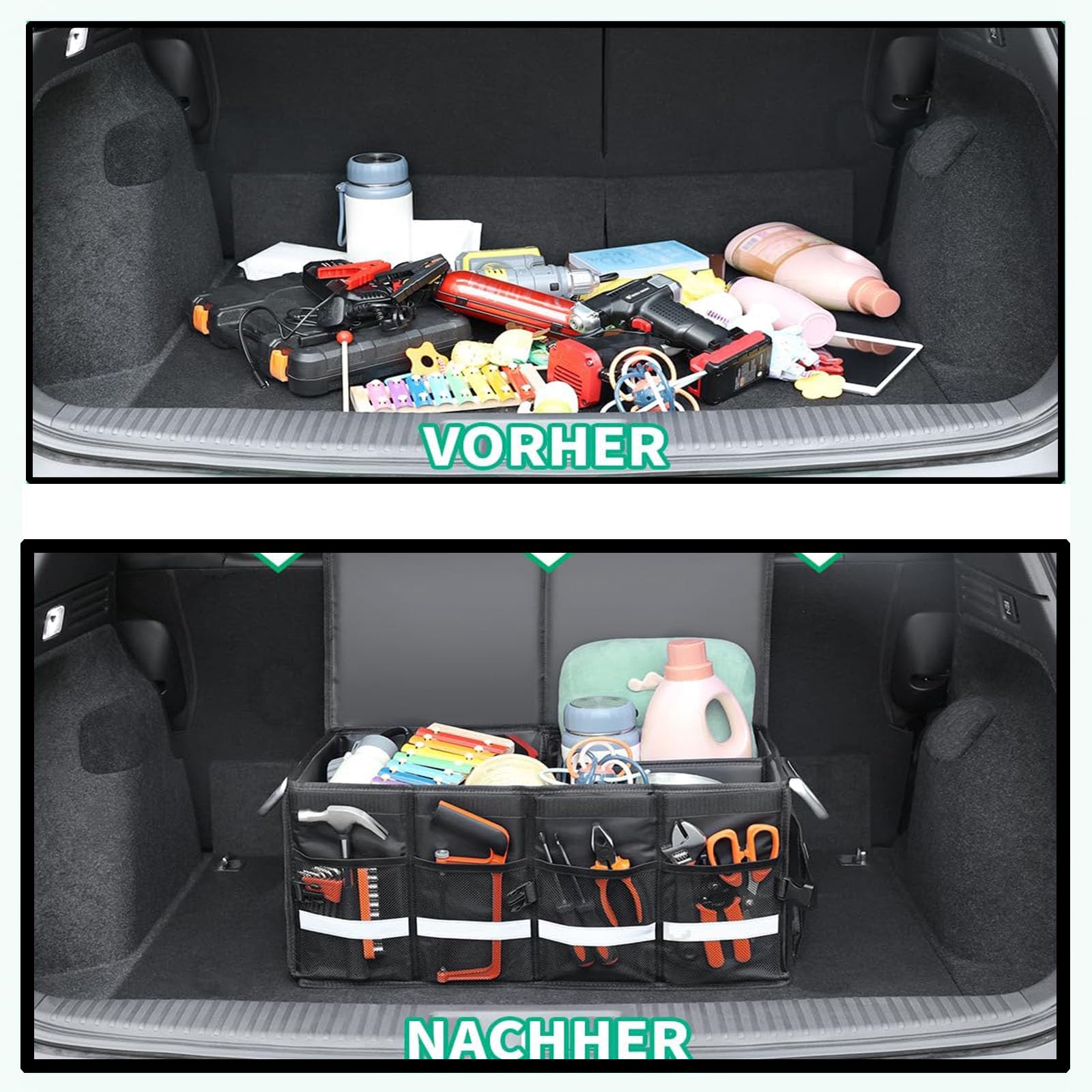 Organiseur de coffre de voiture, pliable, plusieurs compartiments, rangement pliable pour accessoires de voiture, fond antidérapant, sangles de sécurité, couvercle souple, 50 L