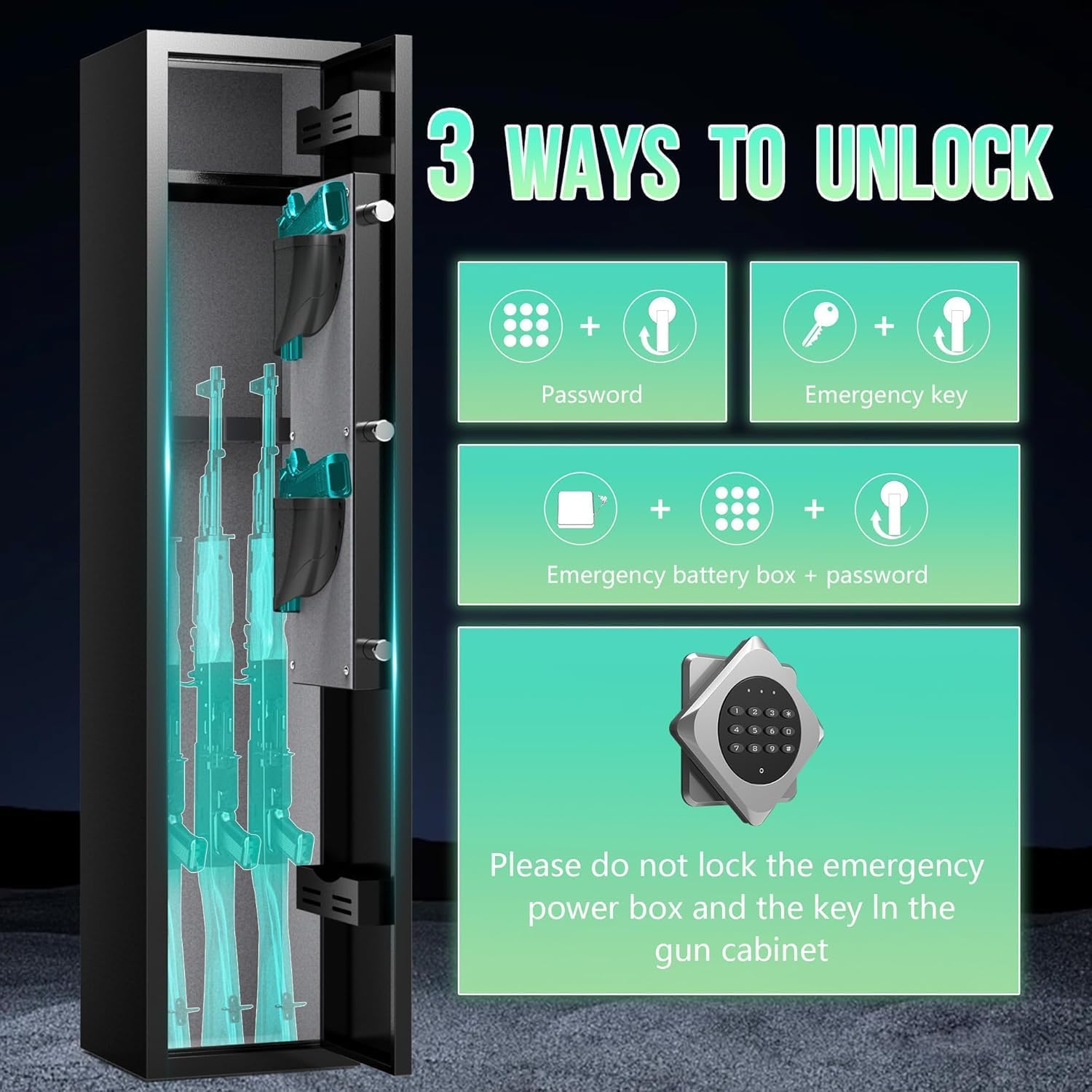2-3 Gun Safe for Rifles and Pistols, No Assembly Required Gun Cabinet with Removable Shelf, Rifle safe with 180° Full Access Door, Gun Safes with Password Lock, Alarm System & Mute Mode