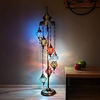 Asylove Handmade Turkish Mosaic Moroccan Floor Lamp - 7 Globe 5 Inch Glass, 60 Inch Bronze Stand, Colorful Living Room Decor