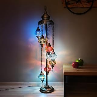 Asylove Handmade Turkish Mosaic Moroccan Floor Lamp - 7 Globe 5 Inch Glass, 60 Inch Bronze Stand, Colorful Living Room Decor