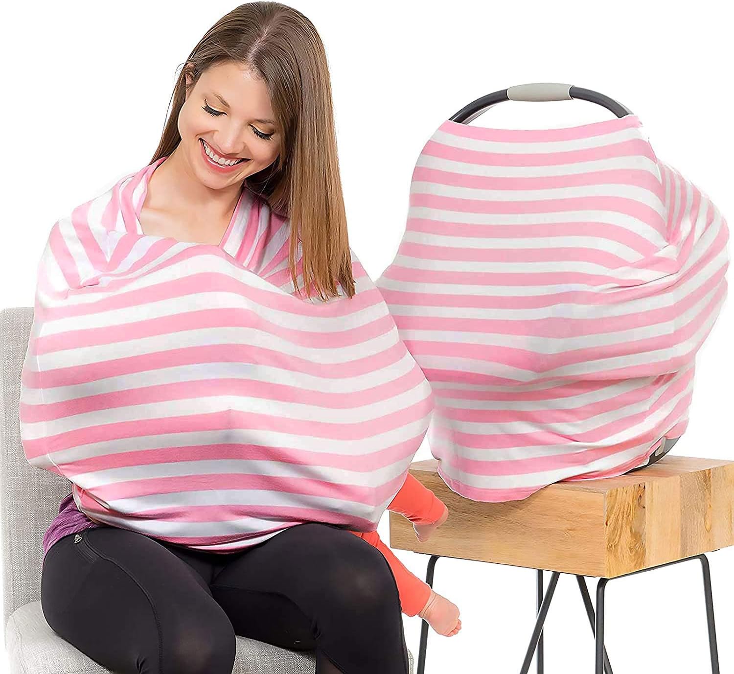 Car Seat Covers for Babies - Stretchy, Lightweight, and Extra Soft Nursing Cover - Multiuse - Covers Carseat, High Chairs, Shopping Carts - Bonus Infant Baby Beanie and Bag (Pink and White)