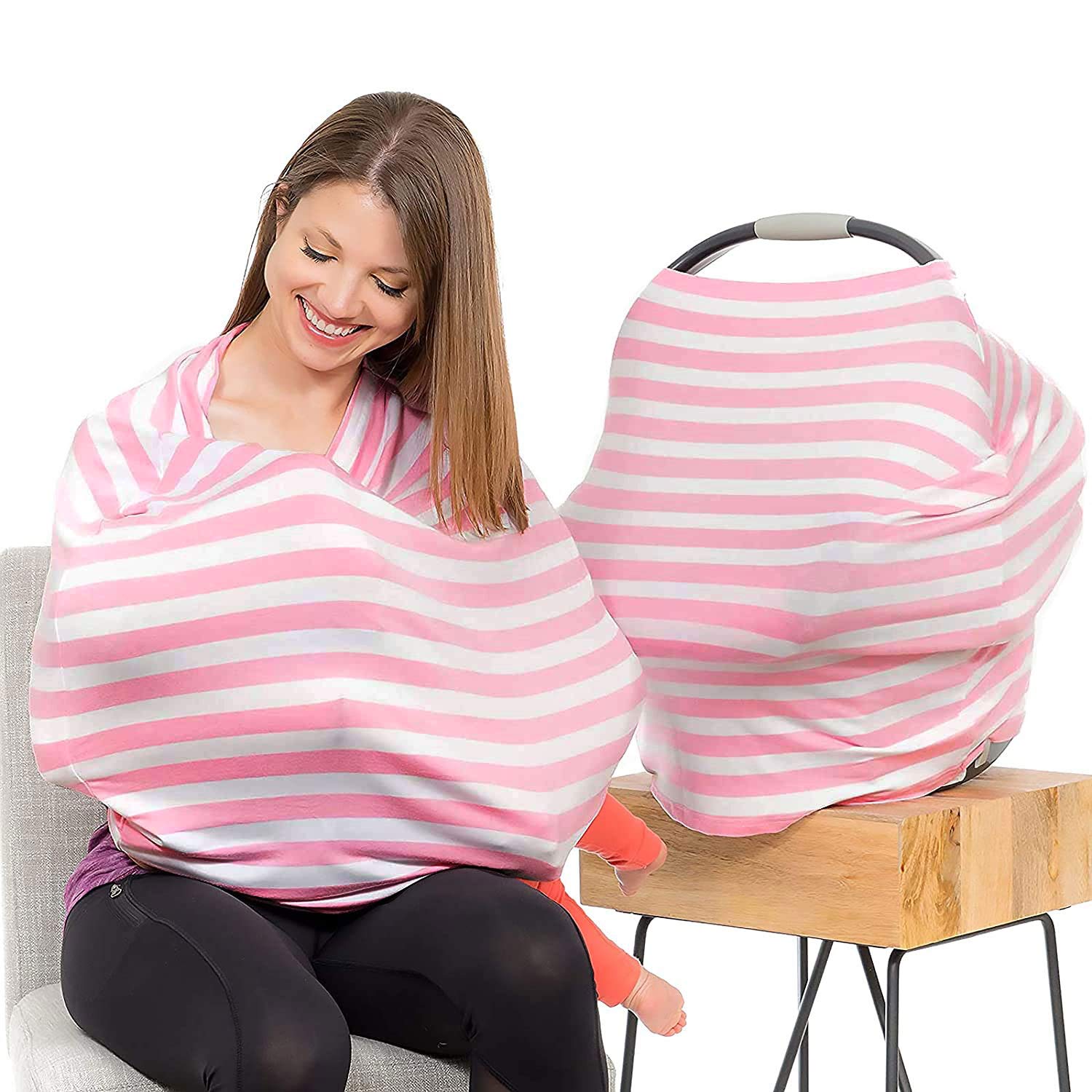 Car Seat Covers for Babies - Stretchy, Lightweight, and Extra Soft Nursing Cover - Multiuse - Covers Carseat, High Chairs, Shopping Carts - Bonus Infant Baby Beanie and Bag (Pink and White)