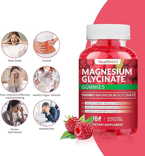Miniatura 3 de Gomitas de glicinato de magnesio de 1000 mg, suplemento de magnesio potasio sin azúcar de alta absorción para relajación, alivio del estrés y apoyo