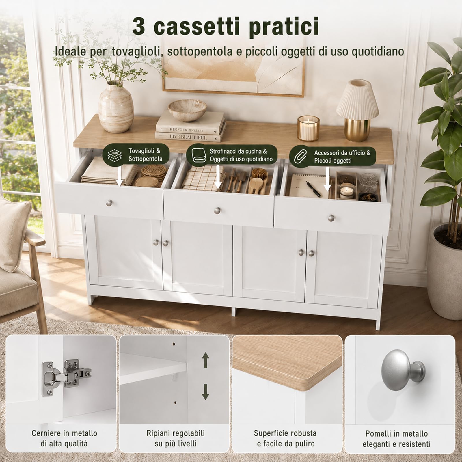 Credenza Cucina 160 cm Madia Soggiorno Moderna con 3 Cassetti e 4 Ante, Buffet Mobile con Ripiani Regolabili e Rimovibili per Cucina, Soggiorno, Ingresso, 160 x 37 x 75 cm, Bianco e Legno