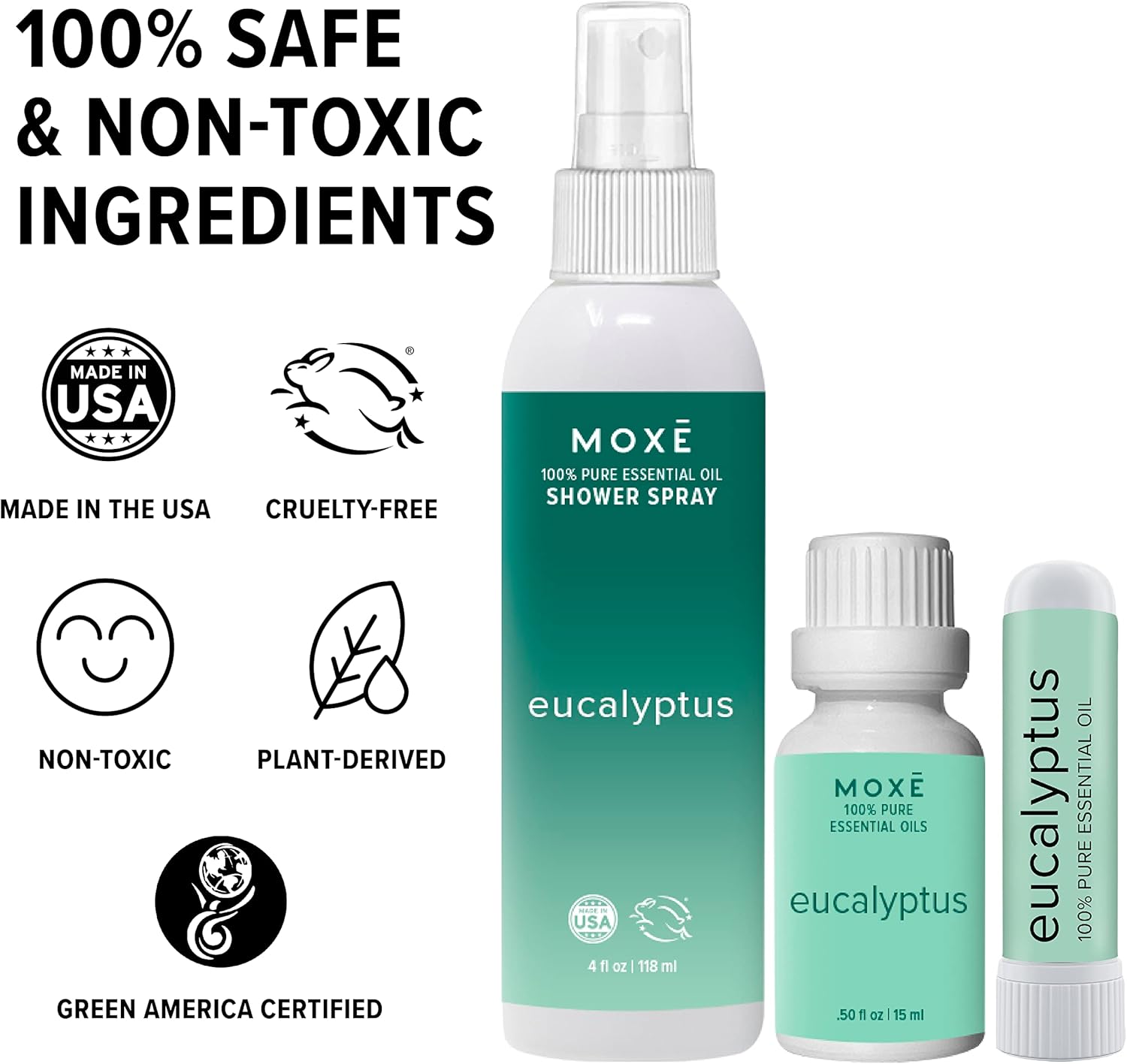 MOXĒ Eucalyptus Aromatherapy Gift Set, Essential Oil, Shower Steamer Spray, Portable Nasal Inhalers, Diffuser Essential Oil, Sinus & Congestion Relief, Therapeutic Grade, Made in USA
