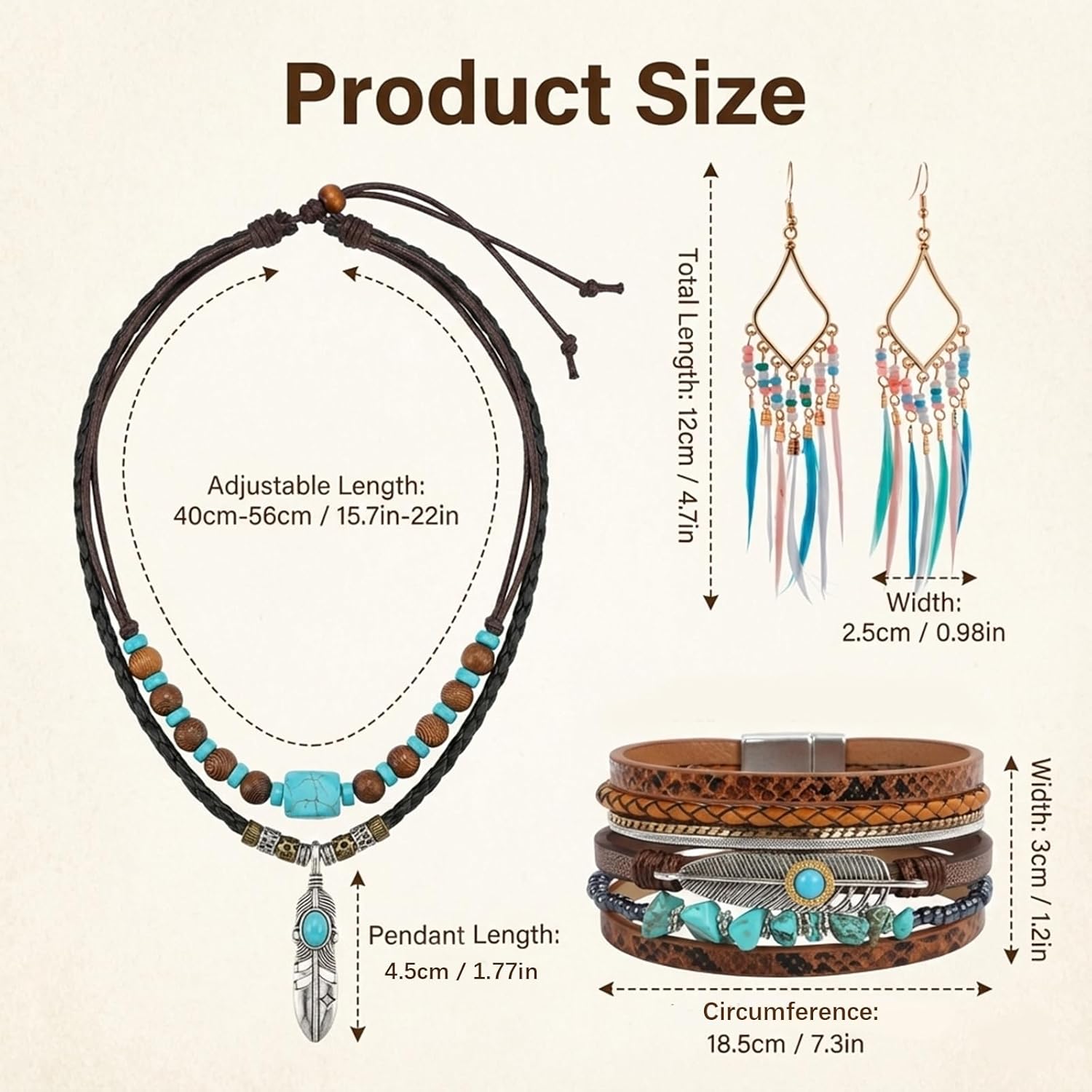 3 Pcs Western Jewelry Set, Turquoise Necklace Boho Feather Earrings Leather Bracelet Vintage Bohemian Jewelry for Women Cowgirl - Image 2