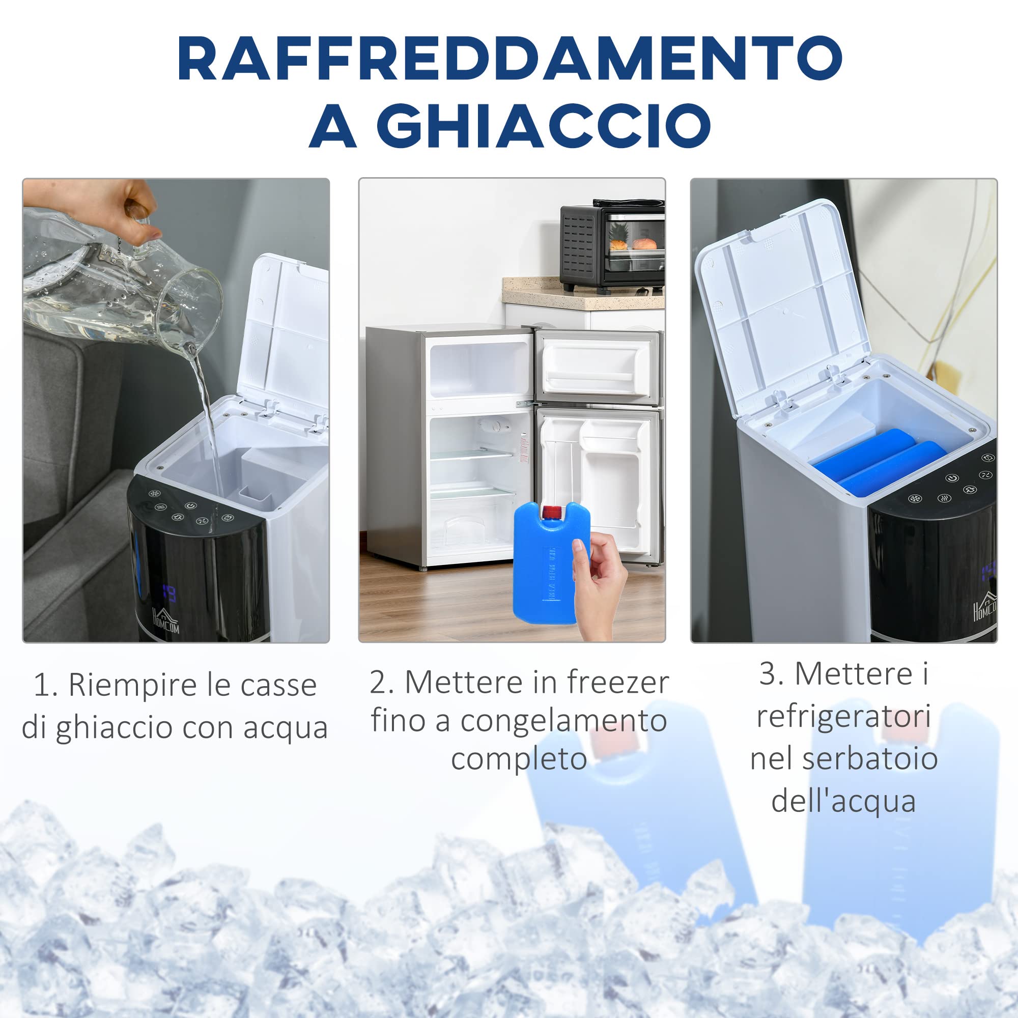 HOMCOM Ventilatore a Torre Raffrescatore Evaporativo 3 Modalità e 3 Velocità, Raffreddatore d'Aria Portatile con Timer, Oscillazione e Telecomando, 60W, Bianco