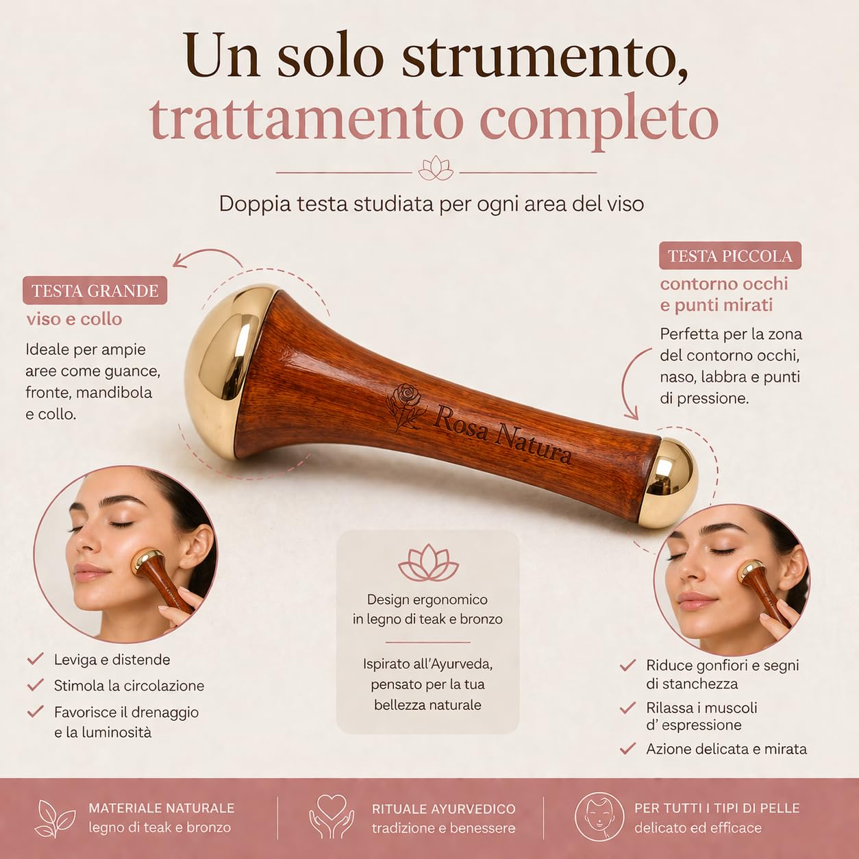 Kansa Wand Rosa Natura – Massaggiatore Viso Ayurvedico, Doppia Testa Bronzo e Teak, Effetto Lifting Naturale, Anti-Età, Pelle Luminosa e Distesa, Massaggio Viso e Collo
