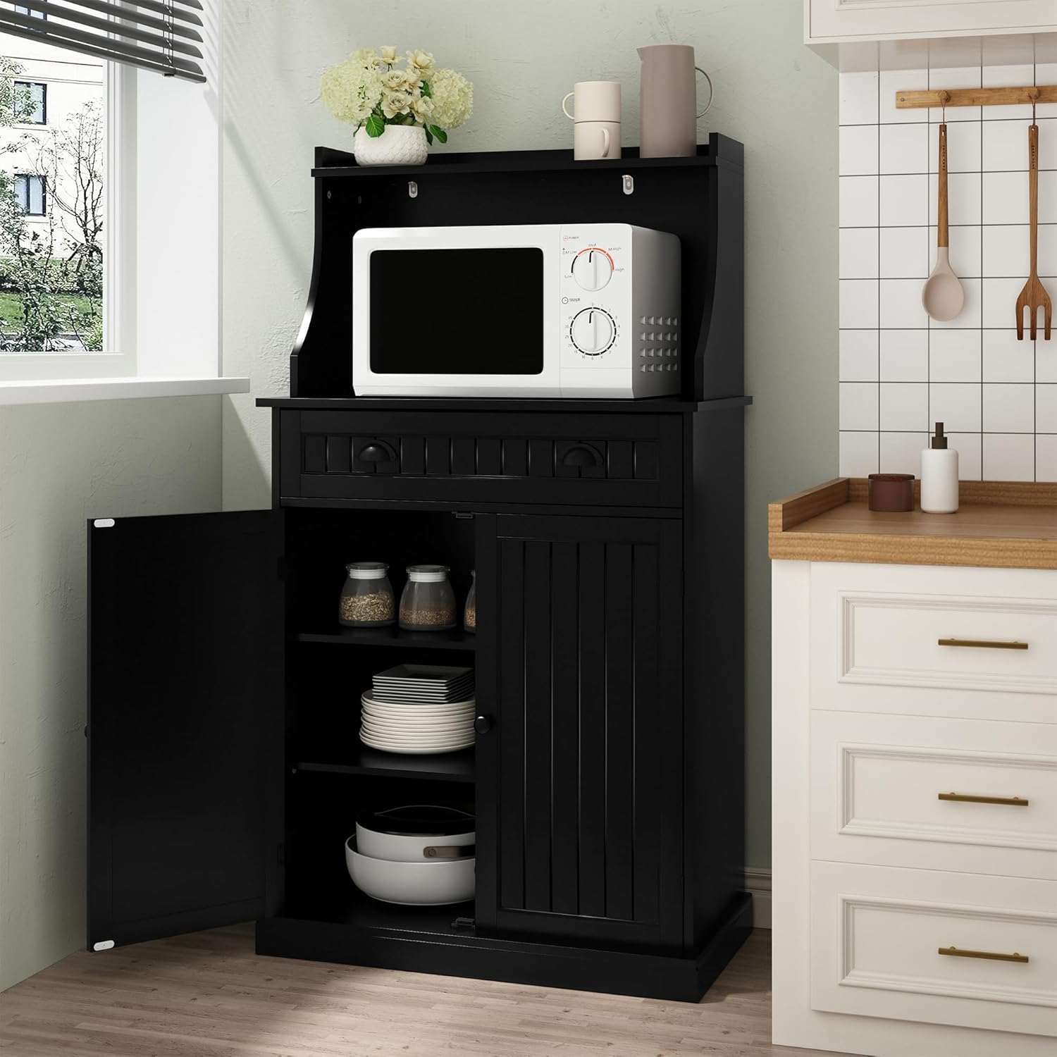 ARTPOWER 54" Kitchen Microwave Cabinet/Stand with Storage and Drawers, Pantry Storage Cabinet with Hutch & Adjustable Shelves for Kitchen, Dining Room, Living Room, Hallway in Black