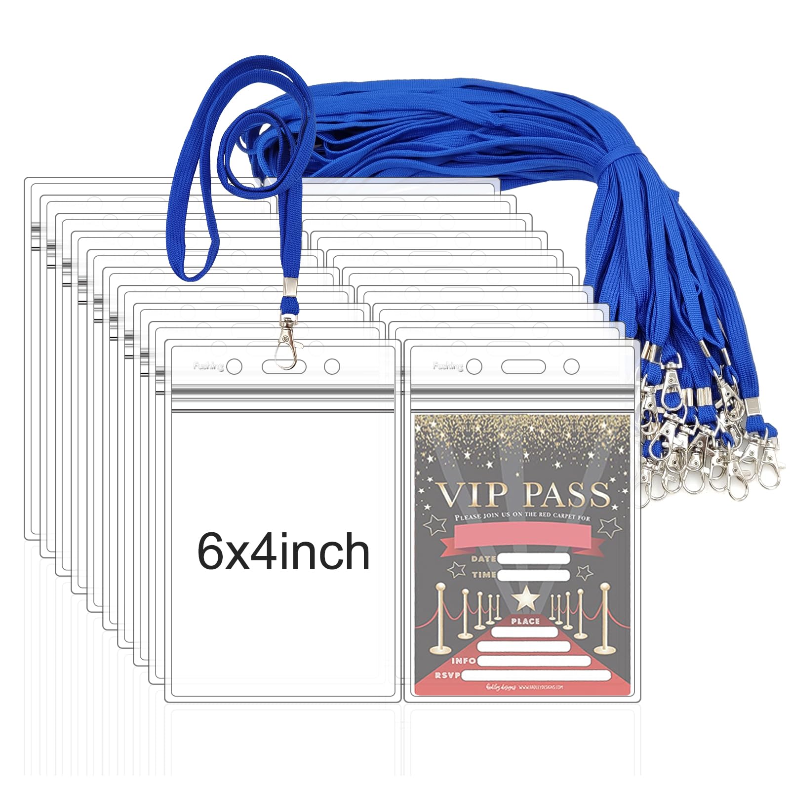 Fushing50pcs Clear Plastic Vertical Name Tags Badge ID Card Holders and Blue Neck Lanyards with Swivel Hook for School, Festival, Event (XXL)