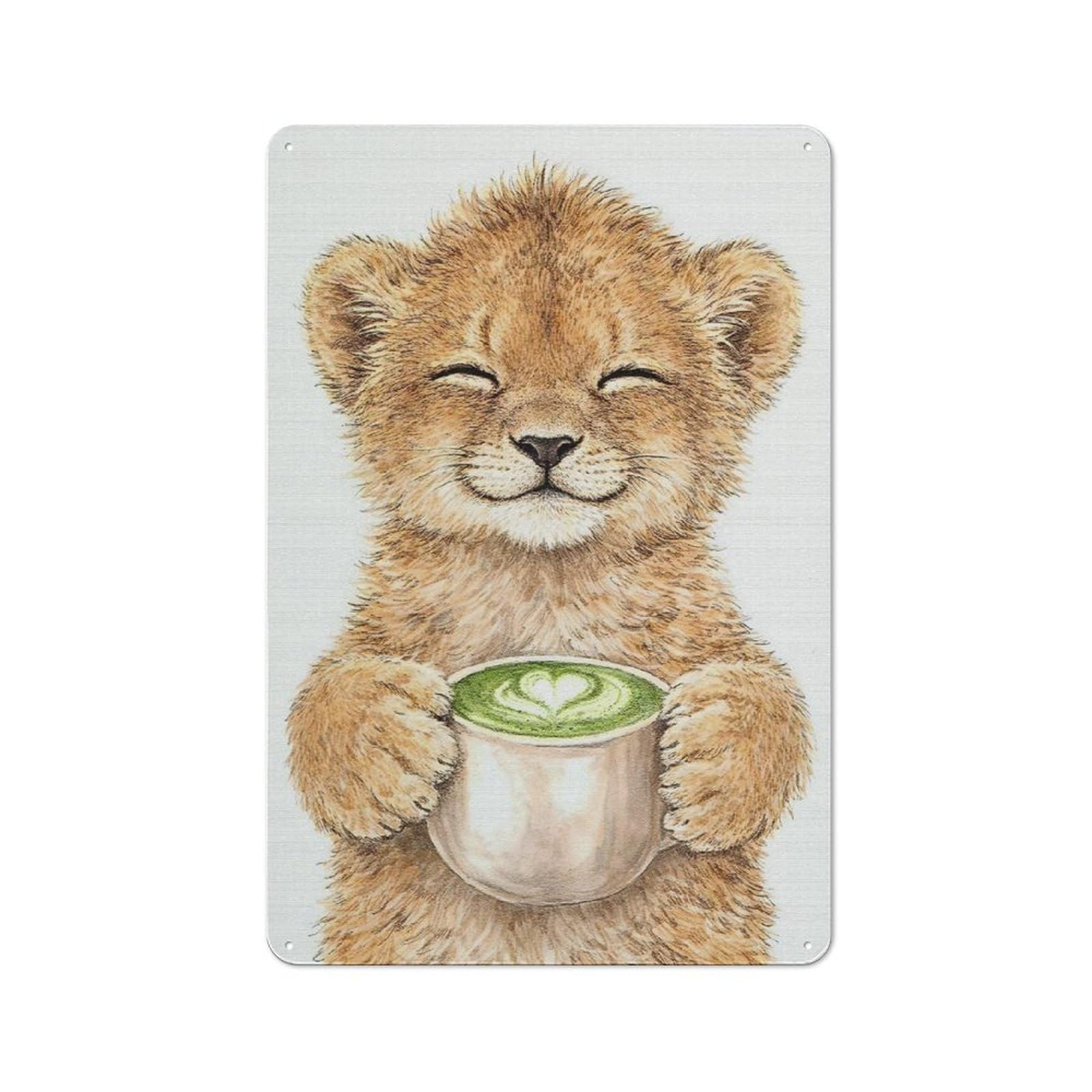 Junmoney Style-9 Metal Wall Sign 30X20cm Featuring Cute Lion Cub With Matcha Latte For Workshop Wall, For Room Styling Across Workshops And Hobby Rooms