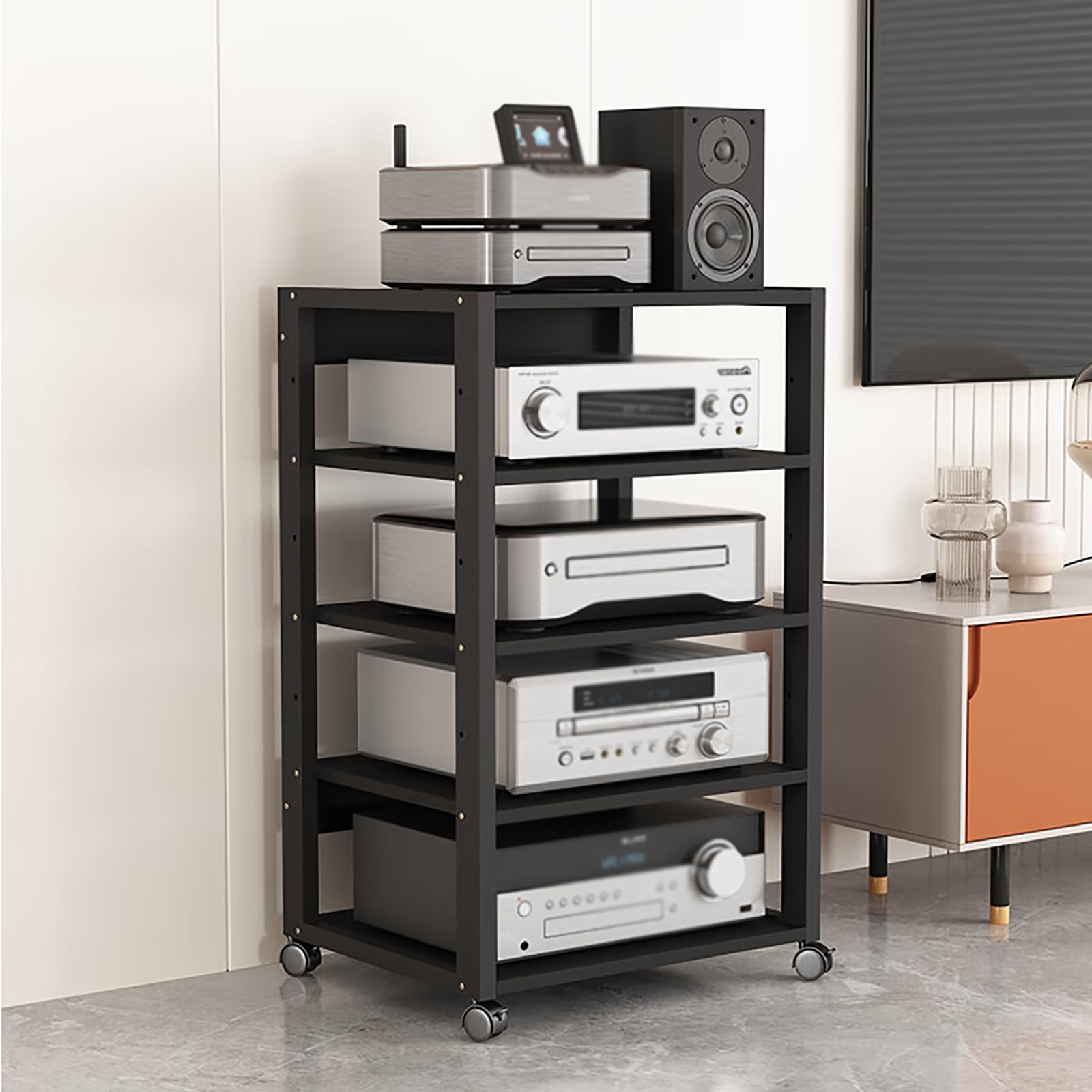 Dernoing 5 Tier Audio Rack Tower, CD Record Player Stereo Receiver AV Equipment Cabinet Display Rack, Weight Capacity 661 lbs, with Adjustable Wooden