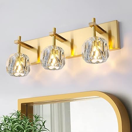 Modern Crystal Bathroom Wall Lighting Gold Vanity Lights 3-Lights Gold Crystal Bathroom Vanity Lights Over Mirror Fixtures(Exclude Bulb)