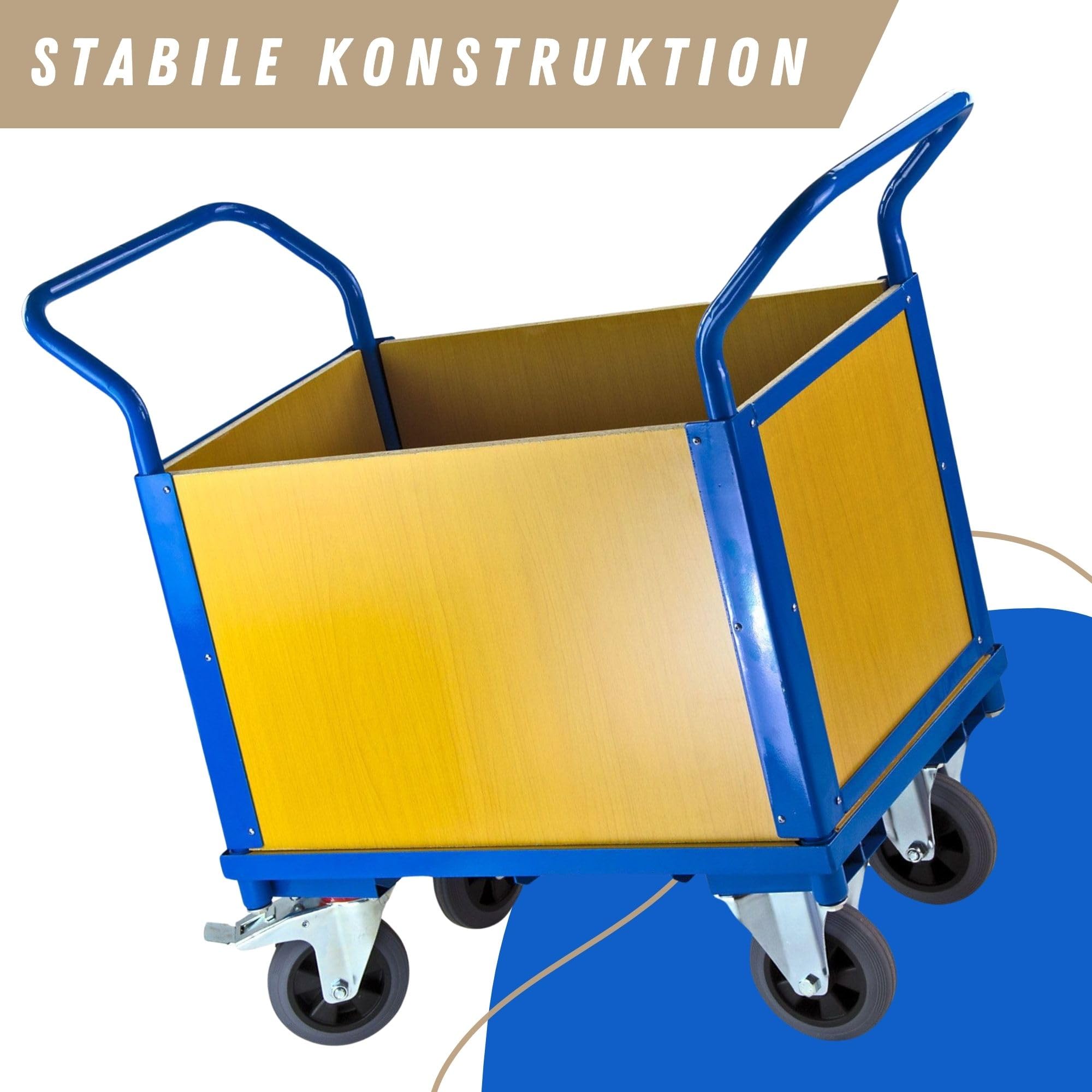 PROREGAL Transportwagen Handwagen Materialwagen mit 4 hohen Wänden | HxBxL 94x50x102cm | 2 Lenk- & Bockrollen | Traglast 180kg | Lichtblau