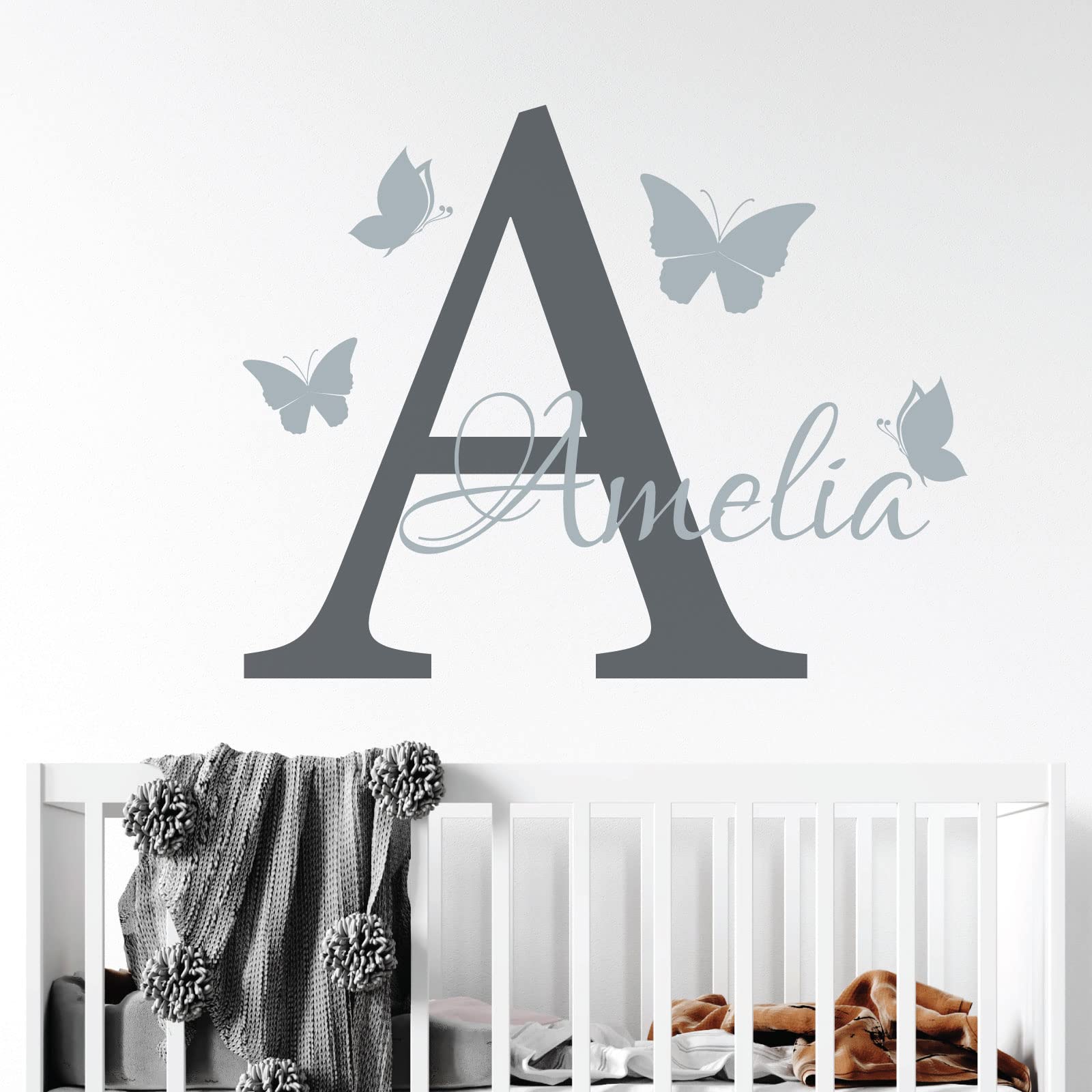 Personalised Name - Initial Letter and Butterflies - Baby Nursery Vinyl Wall Decal Sticker [Medium] [Dark Grey] — image 1