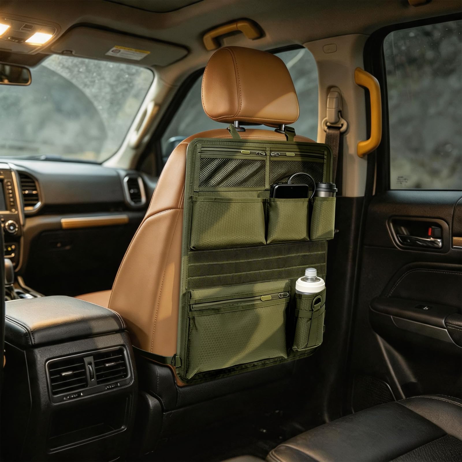 Borsa tattica per sedile auto, verde oliva, 42 x 62 cm, per SUV, MPV | Borsa tattica per zaino in tessuto Oxford, 42 x 62 cm, per auto, SUV, MPV, ideale per viaggi e pendolari.