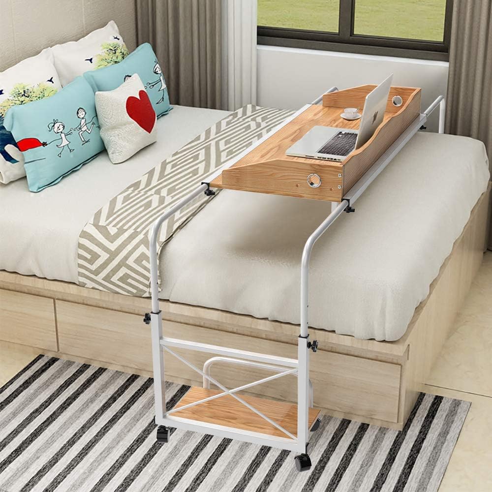 Mobile Overbed Computer Table Workstation Adjustable Rolling Desk with Wheels Large for King Size Double Bed Bedroom Medical Hospital Usage