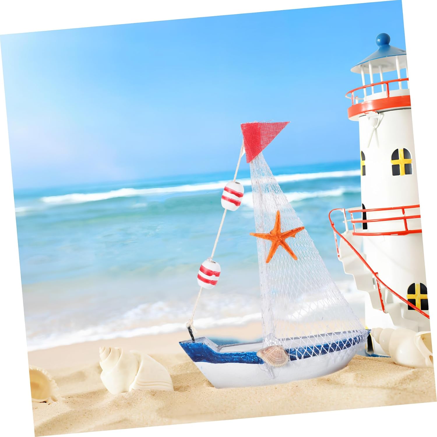 4Pcs Nautical Sailboat Decor Unique Ocean Themed Tabletop Decorations with Seagulls Flags and Charming Details for Bathroom Shelf Decoration