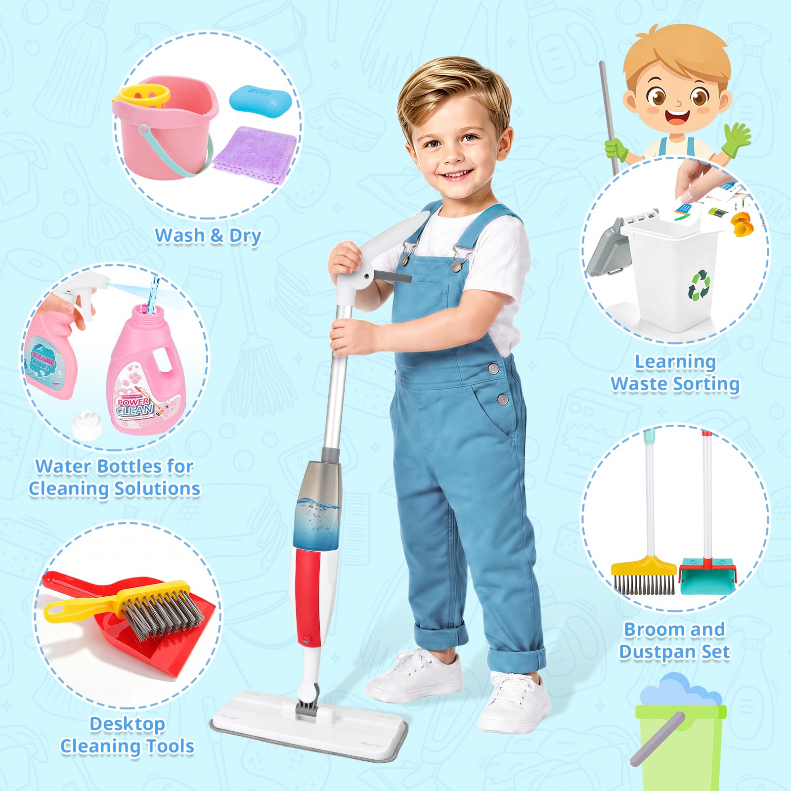 deAO Set di Pulizia per Bambini Giocattolo con Spruzzino ad Acqua Reale
