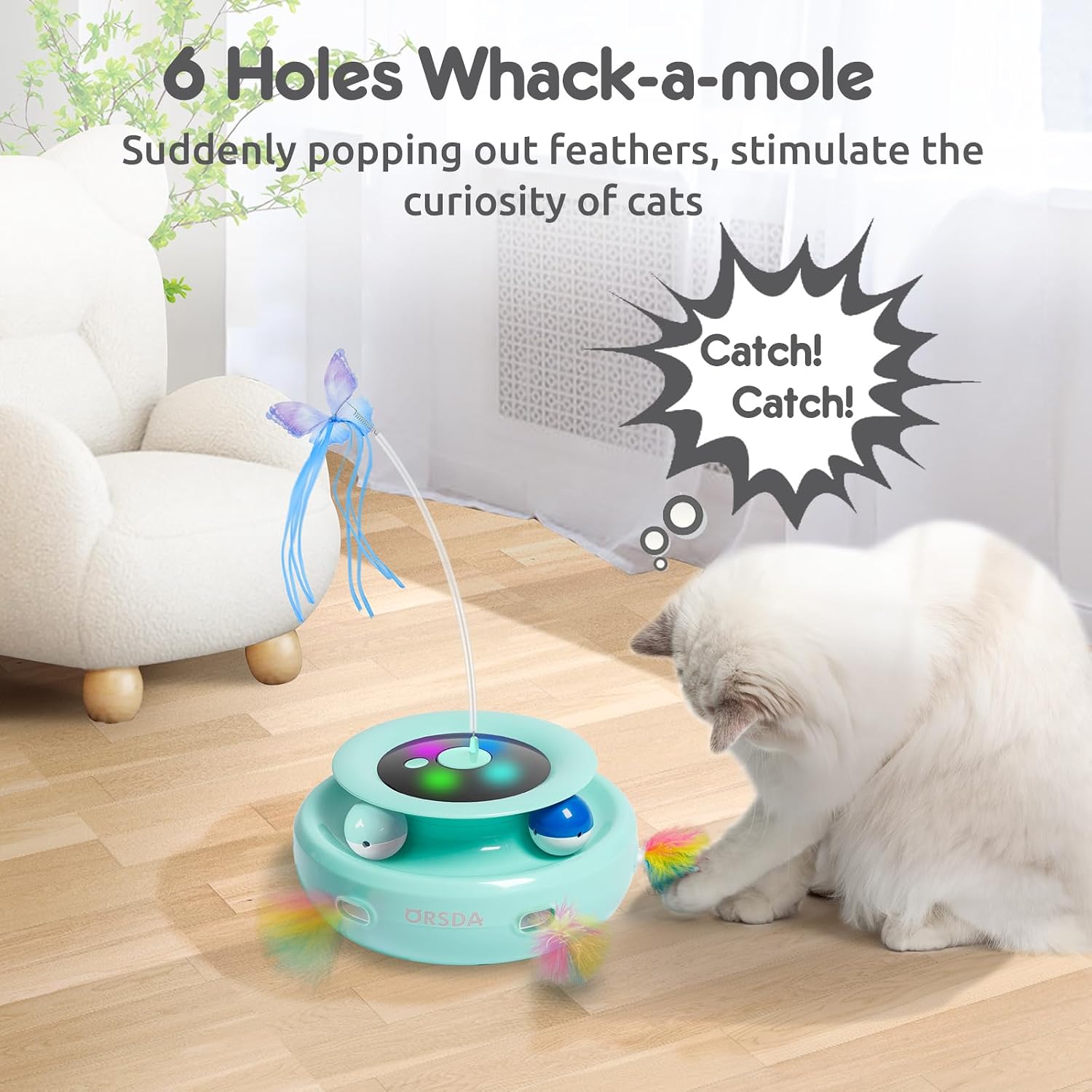ORSDA Cat Toy, 3-in-1 Automatic Interactive Electronic Moving Ambush Feather, Fluttering Butterfly, Track Balls, USB Rechargeable Powered Smart Indoor Exercise Kicker