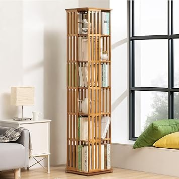 ZZenSmot Wooden Rotating Bookcase 360 Revolving Bookshelf Storage Shelves Floor Standing Tall Book Shelf Display Organizer Media Storage Cabinet for Living Room,Bedroom,Home Office