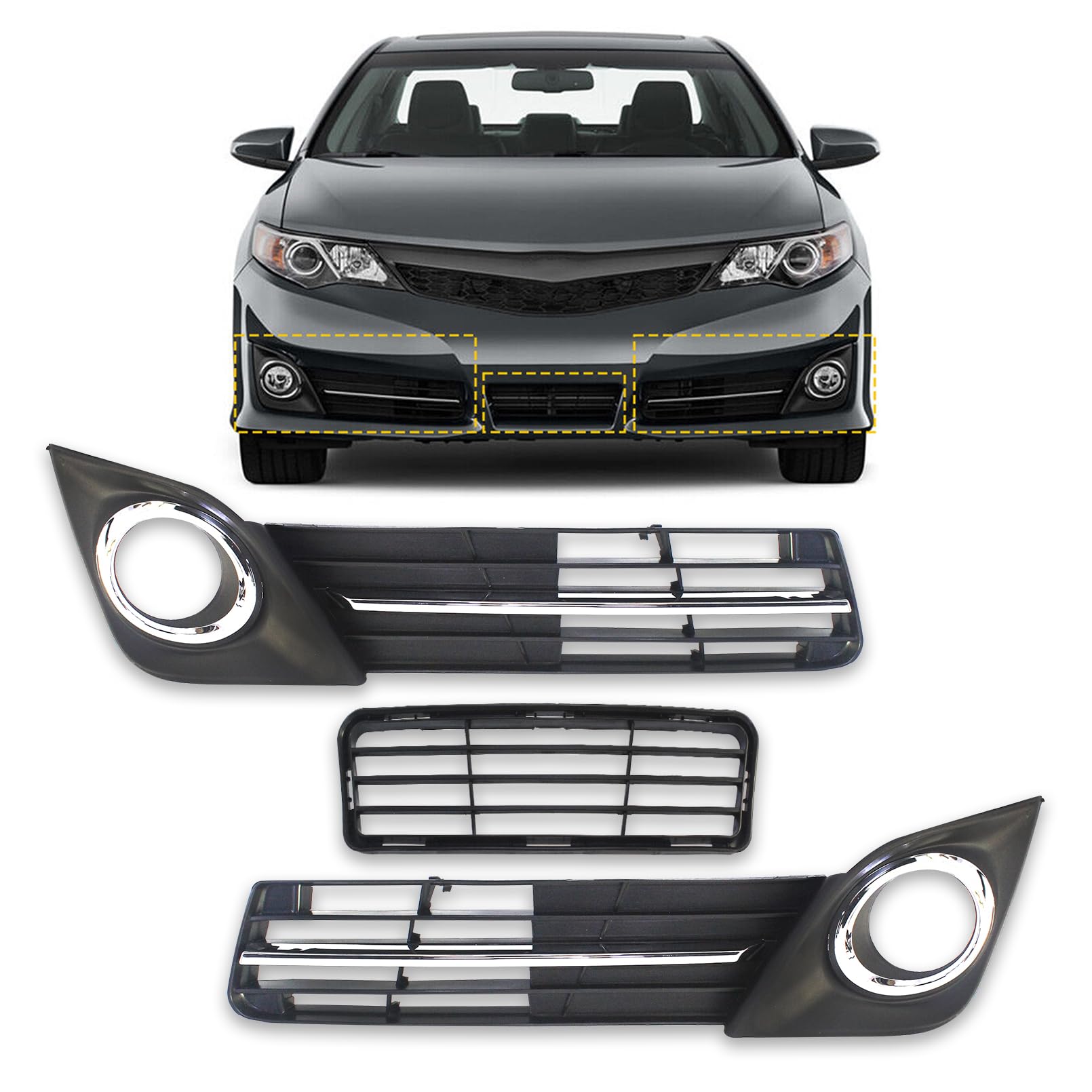 front bumper lower grille & fog lights cover bezel fit for 2012 2013 2014 toyota camry se replacement for 5311206210 5212806290 5212706290