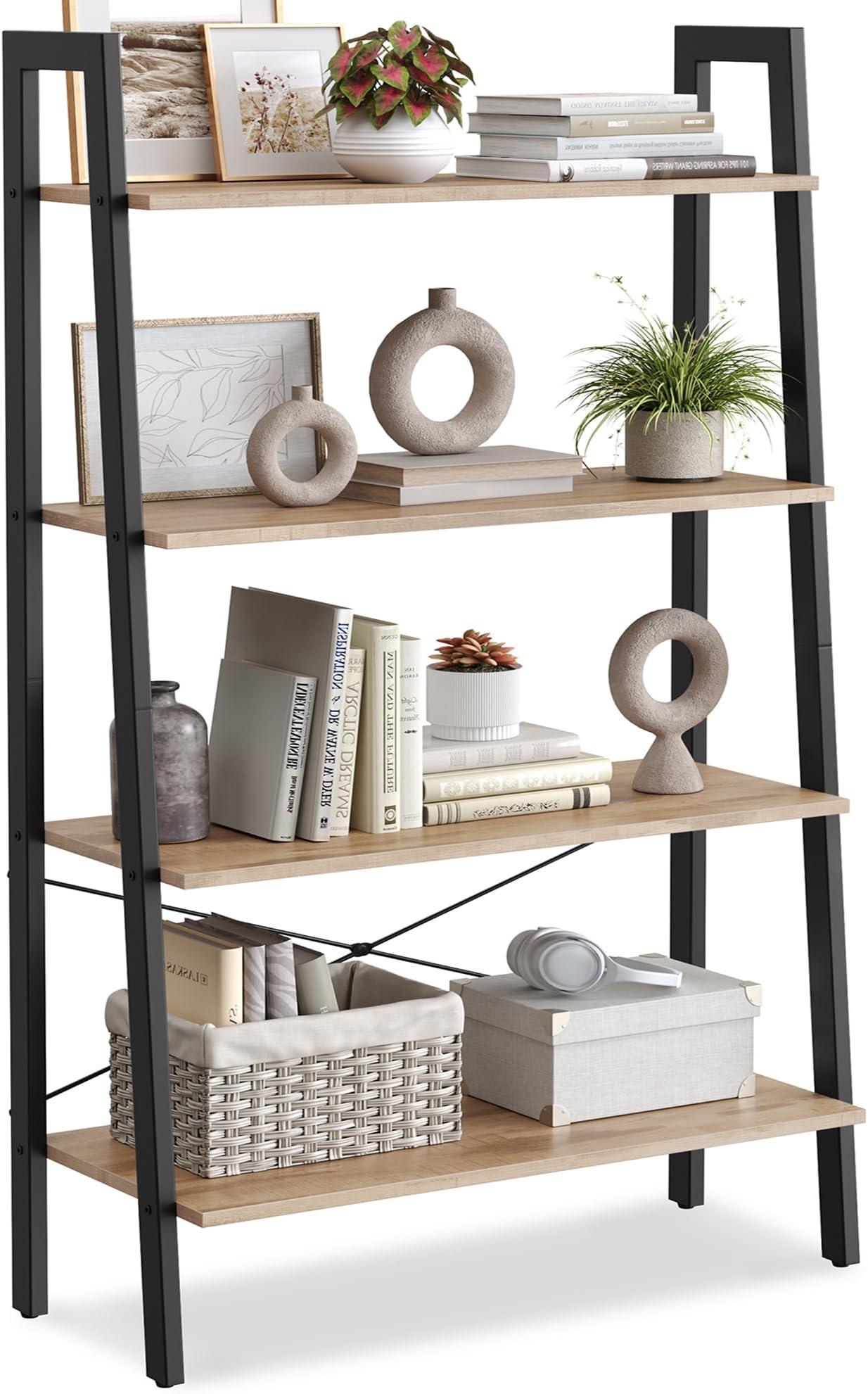 VASAGLE Ladder Shelf, 4-Tier Bookshelf, Storage Rack, Bookcase with Steel Frame, for Living Room, Home Office, Kitchen, Bedroom, Industrial Style, Camel Brown and Ink Black ULLS144B50