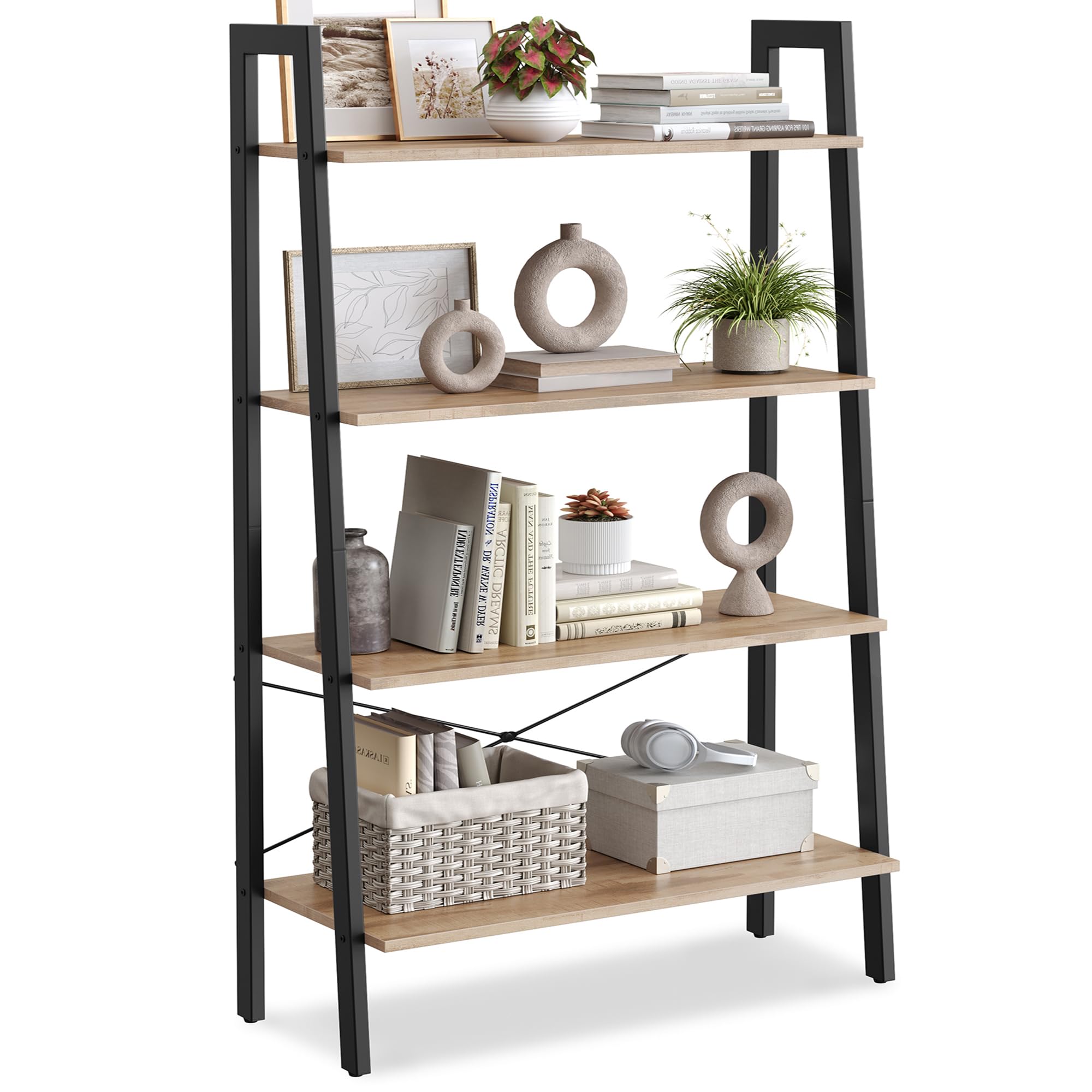VASAGLE Ladder Shelf, 4-Tier Bookshelf, Storage Rack, Bookcase with Steel Frame, for Living Room, Home Office, Kitchen, Bedroom, Industrial Style, Camel Brown and Ink Black ULLS144B50