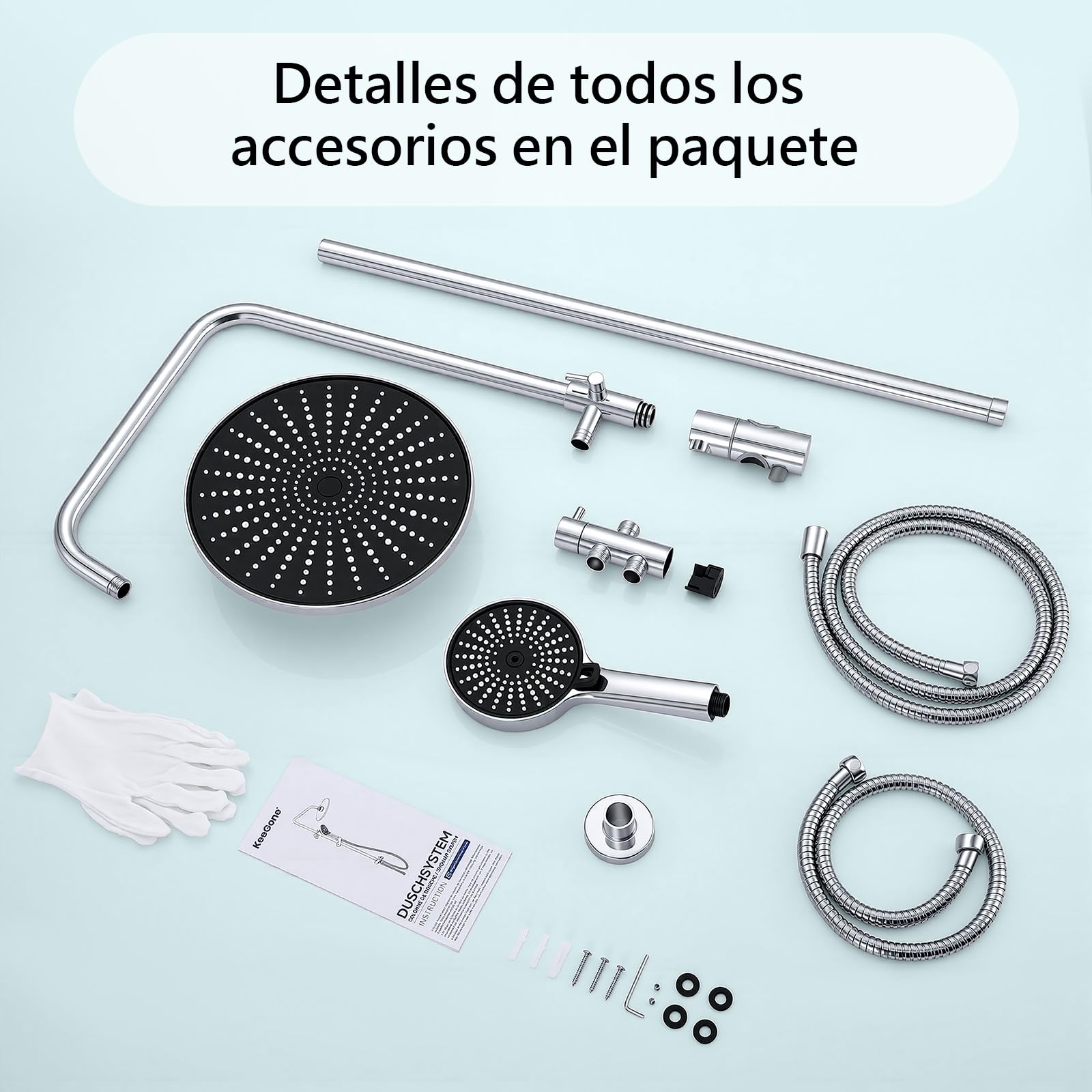Kit de ducha sin grifería ajustable en altura Ducha de lluvia redonda 26 cm y ducha de mano 3 chorros Acero inoxidable instalación rápida